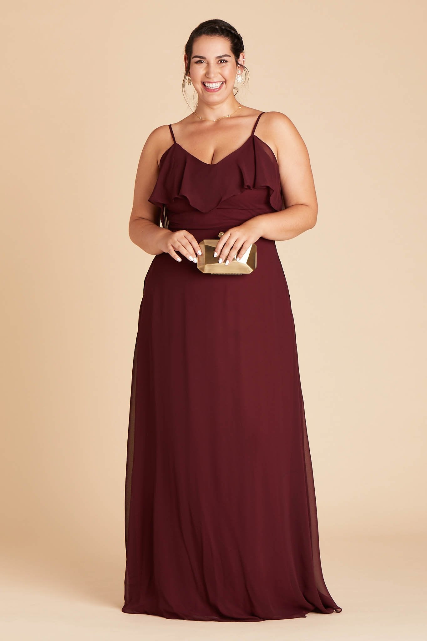 Jane convertible plus size bridesmaid dress in Cabernet Burgundy chiffon by Birdy Grey, front view