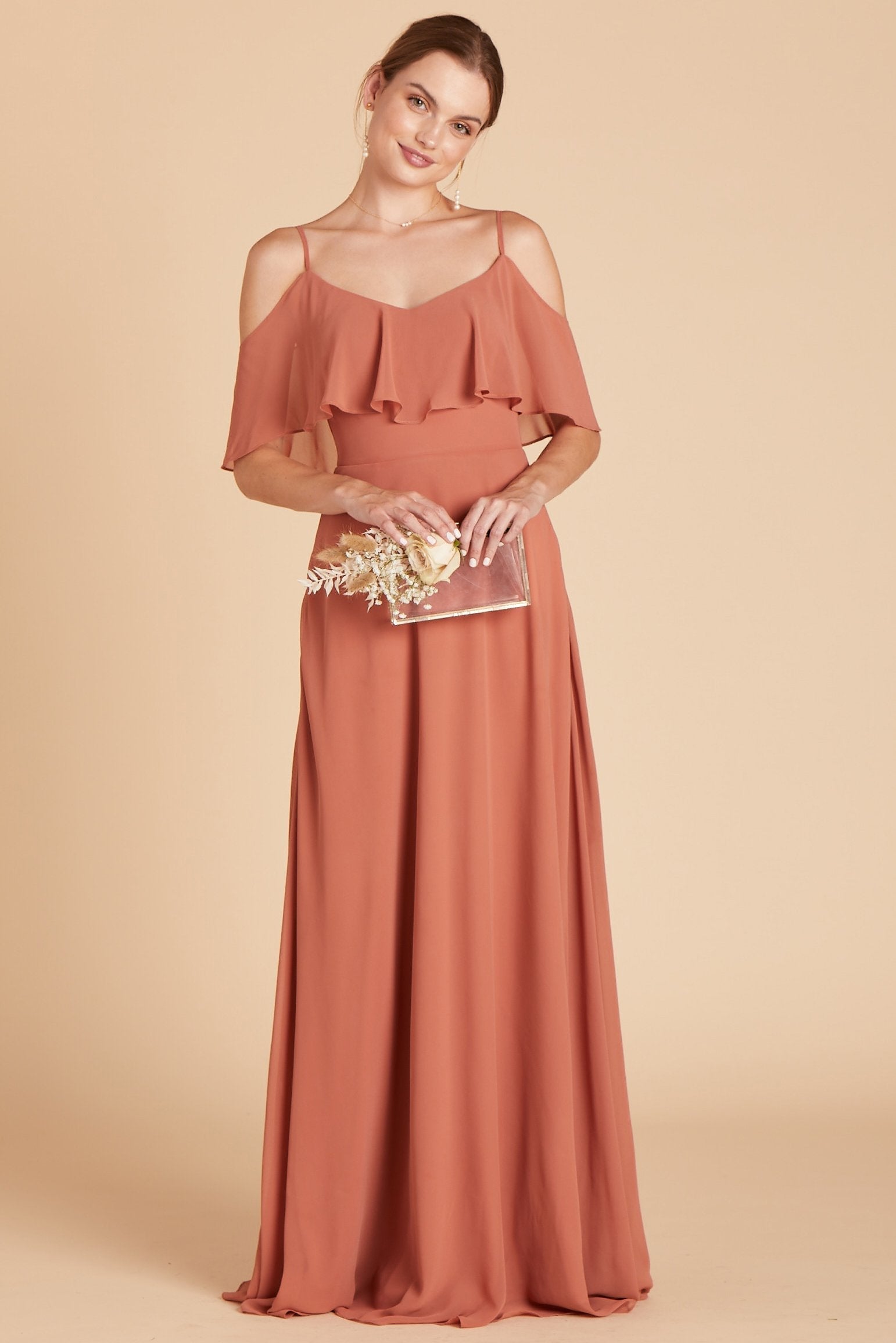 Jane convertible bridesmaid dress in terracotta orange chiffon by Birdy Grey, front view