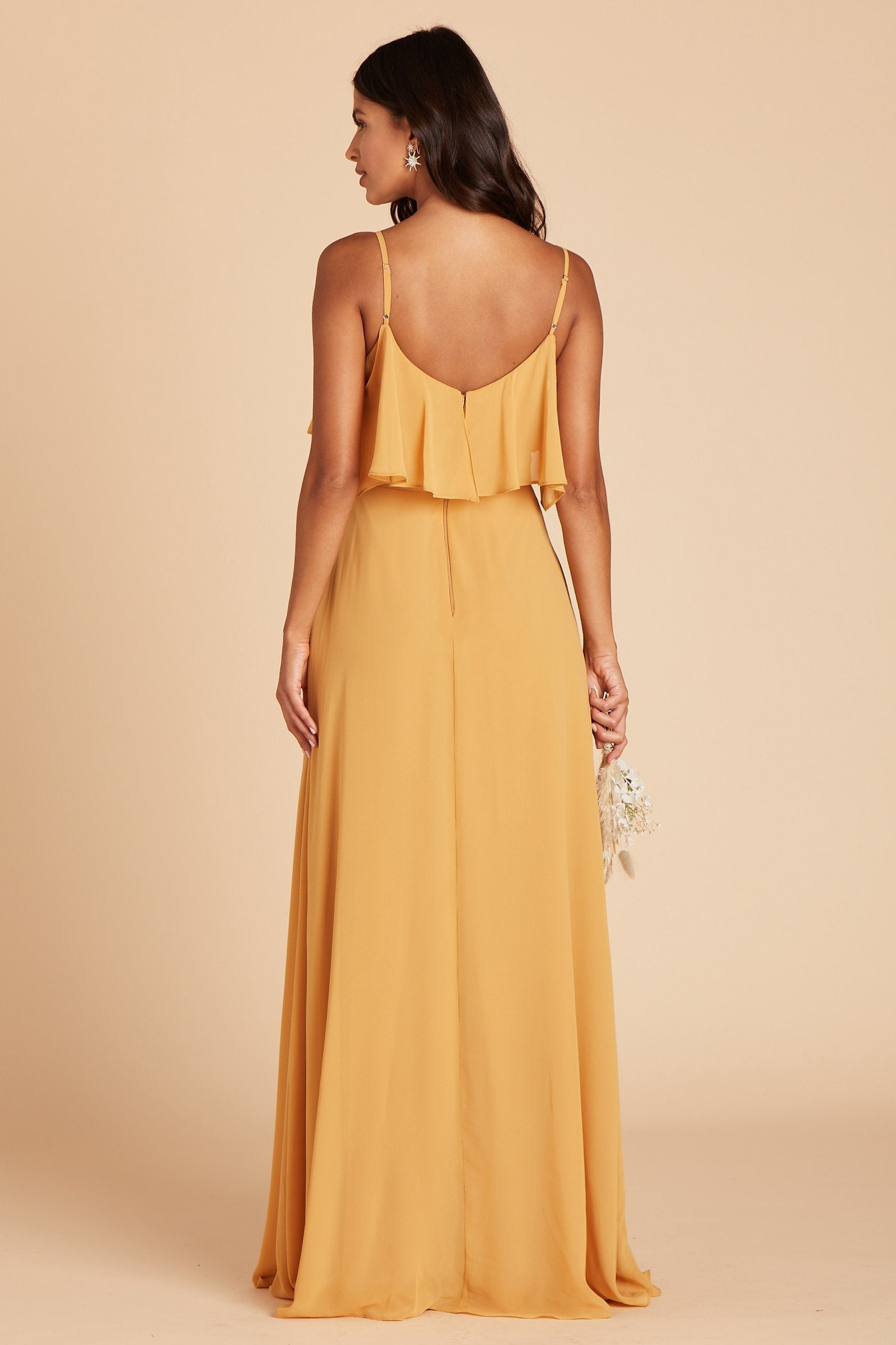 Jane convertible bridesmaid dress in marigold chiffon by Birdy Grey, back view