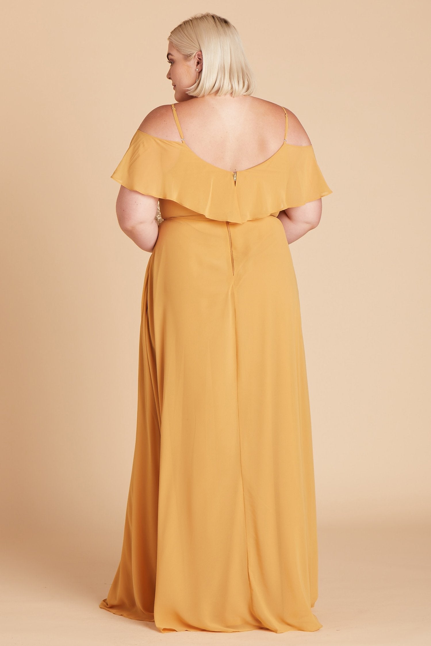 Jane convertible plus size bridesmaid dress in marigold chiffon by Birdy Grey, back view