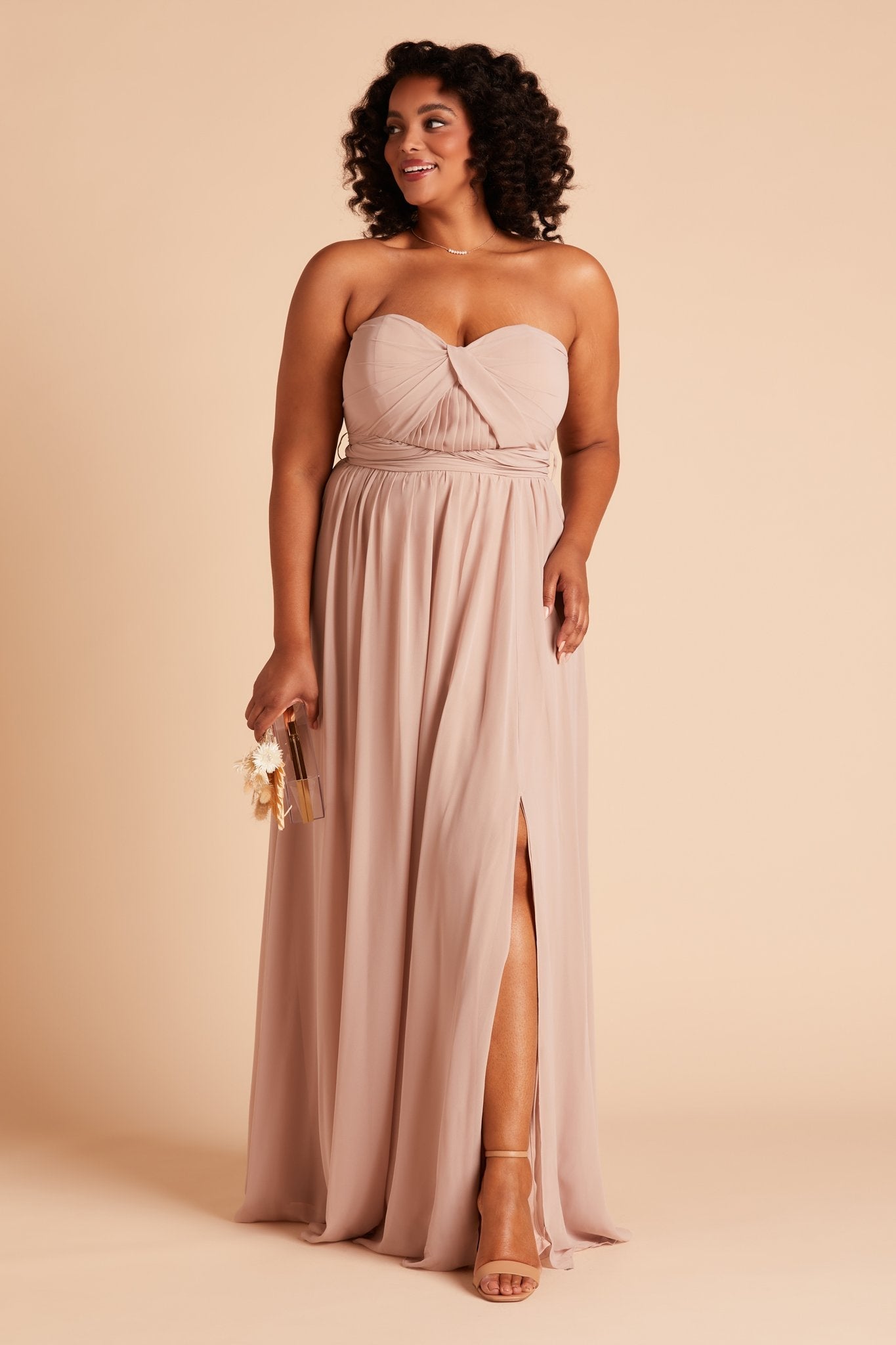 Grace convertible plus size bridesmaid dress with slit in taupe chiffon by Birdy Grey, front view