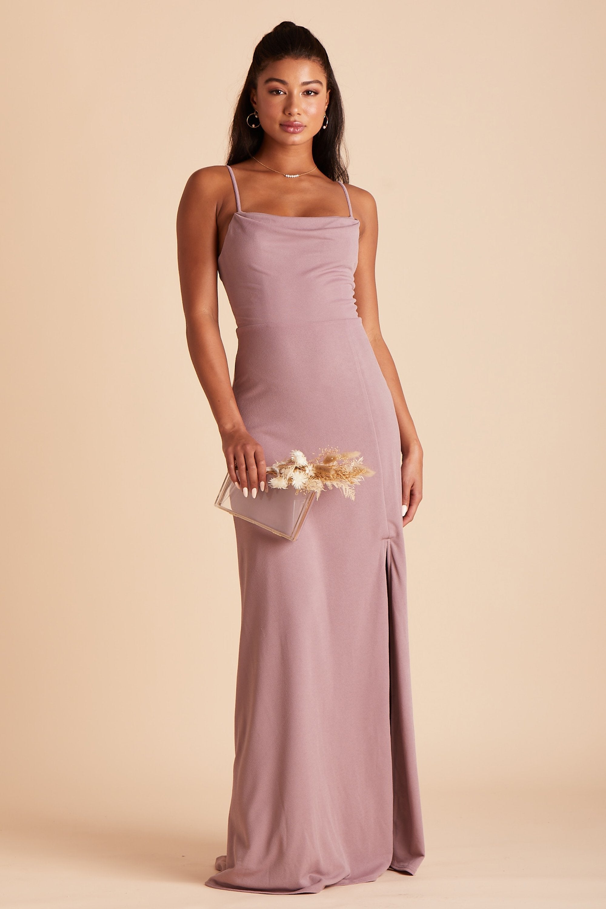 Ash bridesmaid dress with slit in dark mauve crepe by Birdy Grey, front view