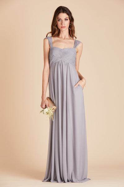 Maria convertible bridesmaids dress in silver mesh by Birdy Grey, front view with hand in pocket