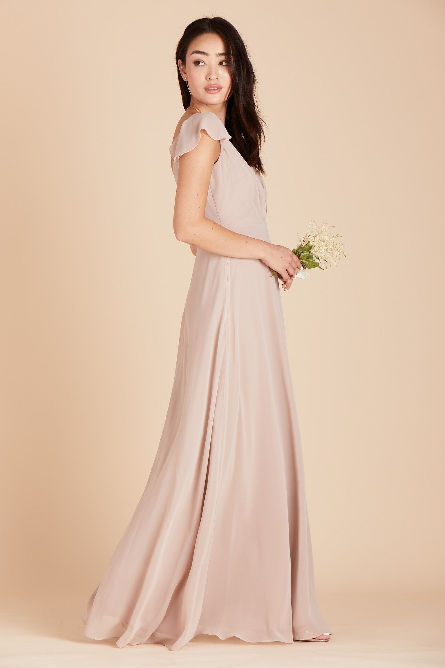 Kae bridesmaids dress in taupe chiffon by Birdy Grey, side view