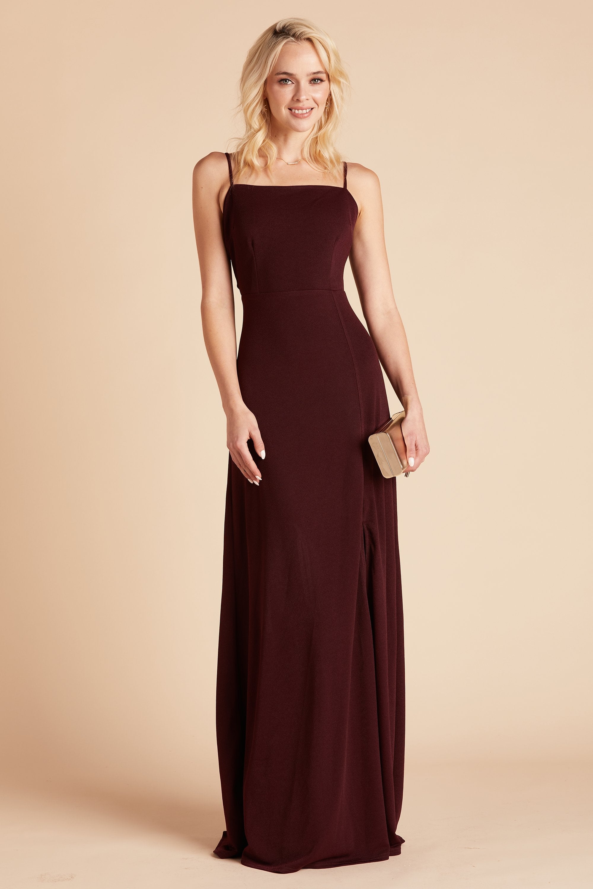 Benny bridesmaid dress in cabernet burgundy crepe by Birdy Grey, front view