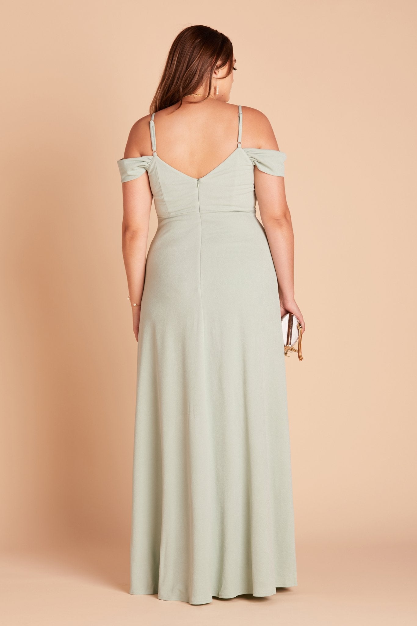 Dev plus size bridesmaid dress with slit in sage green crepe by Birdy Grey, back view