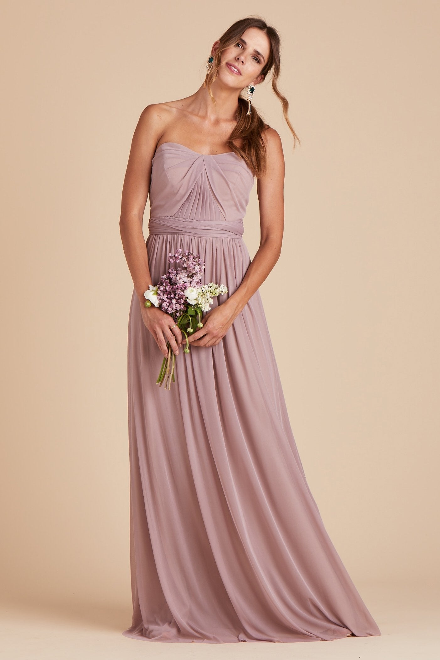 Chicky convertible bridesmaid dress in mauve purple mesh by Birdy Grey, front view