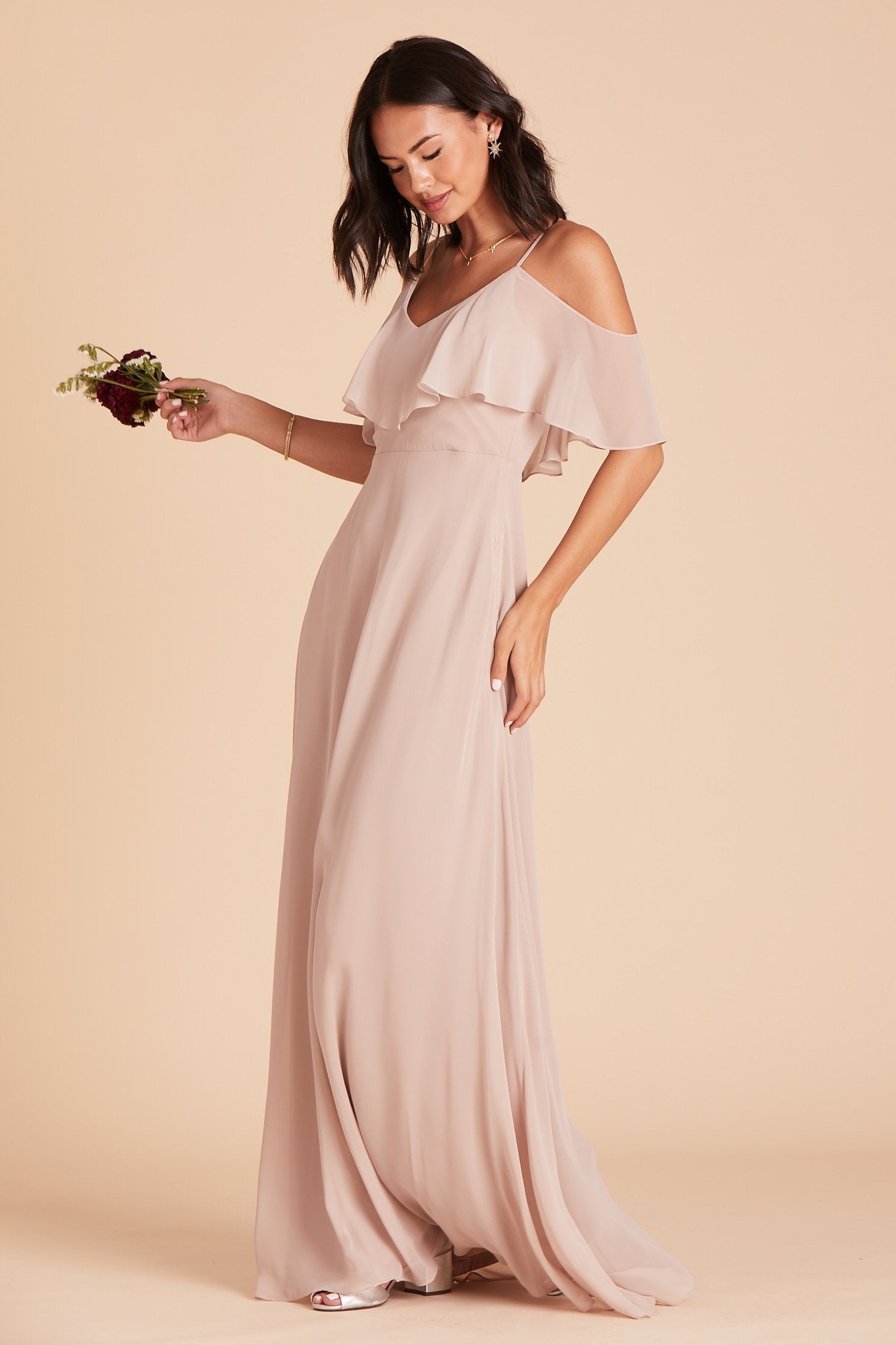 Jane convertible bridesmaid dress with slit in taupe chiffon by Birdy Grey, side view