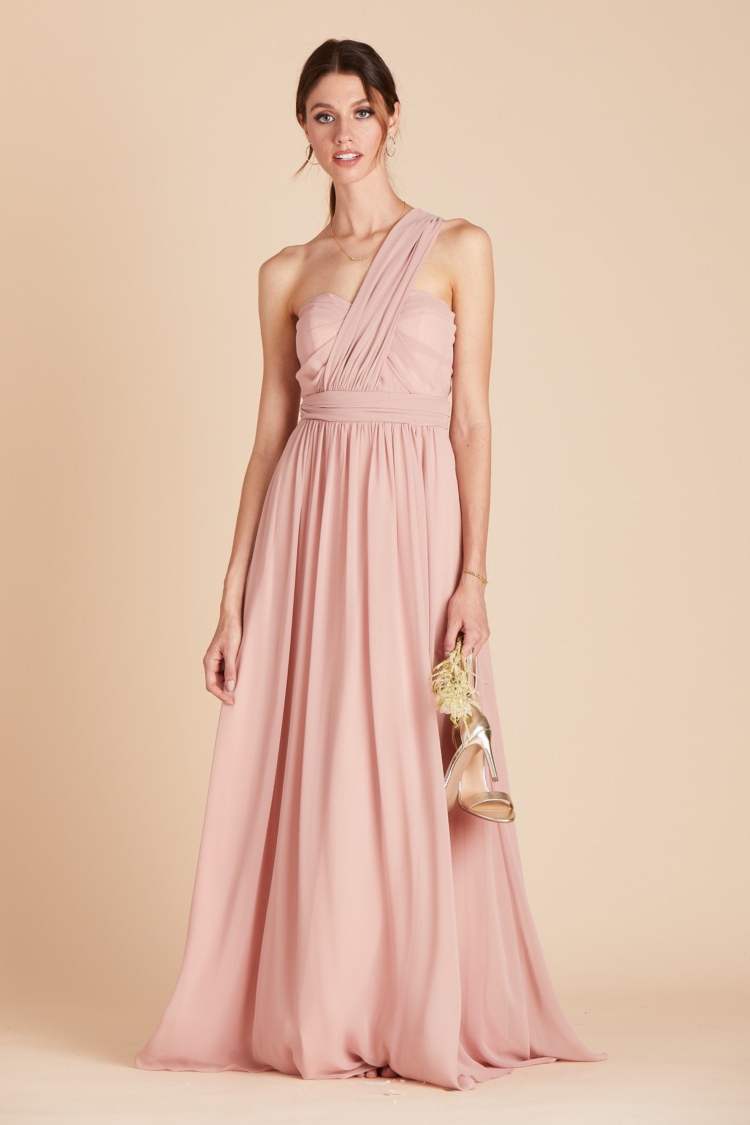 Grace convertible bridesmaid dress in rose quartz pink chiffon by Birdy Grey, front view