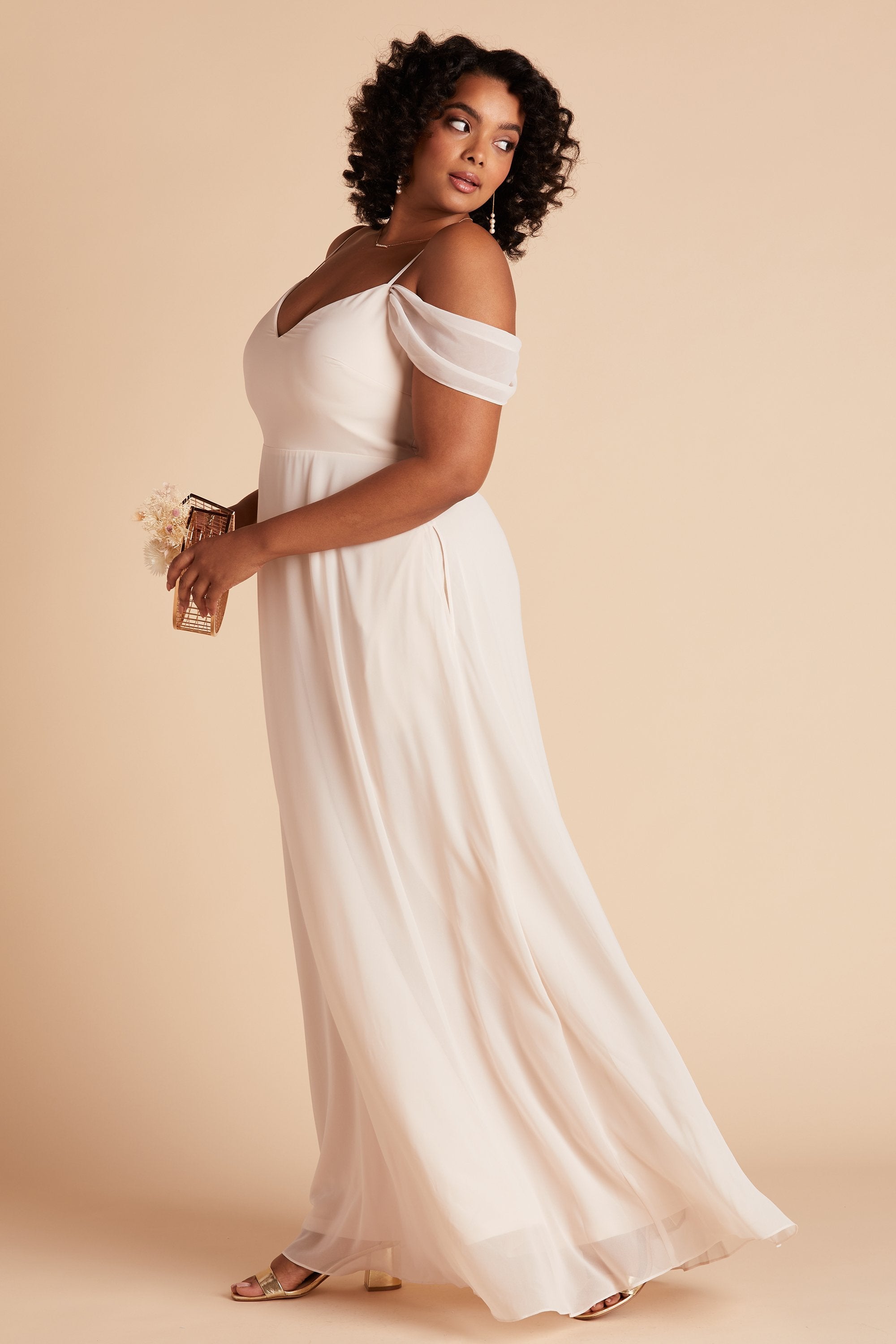 Devin convertible plus size bridesmaids dress in champagne chiffon by Birdy Grey, front view