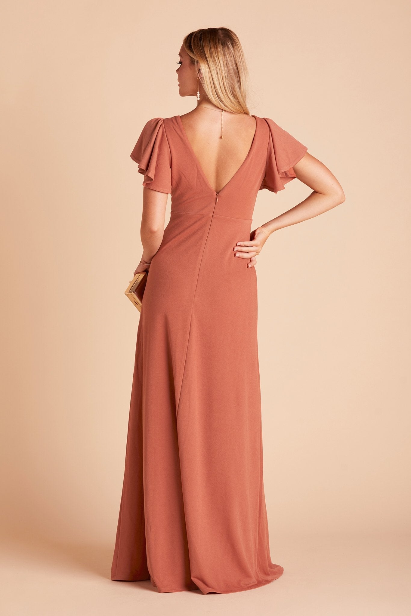 Hannah bridesmaid dress with slit in terracotta crepe by Birdy Grey, back view