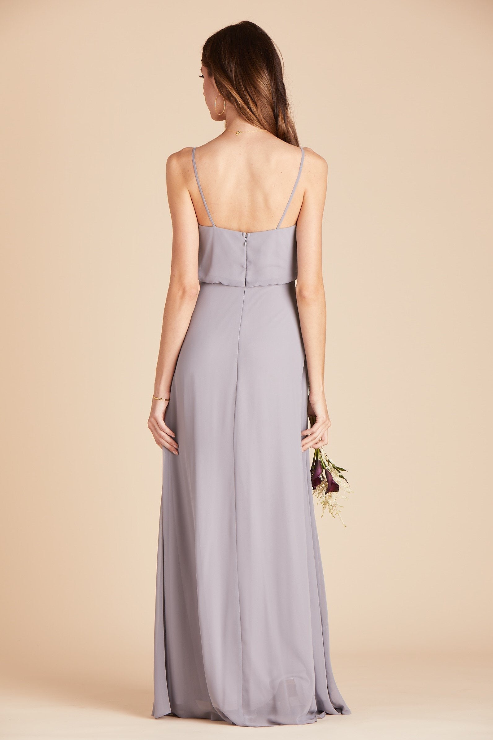 Gwennie bridesmaid dress in silver chiffon by Birdy Grey, back view