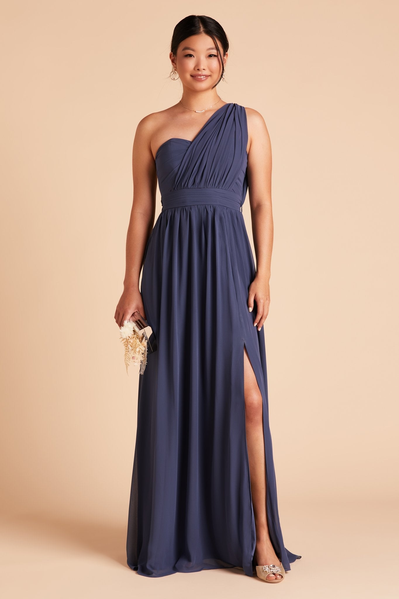 Grace convertible bridesmaid dress with slit in slate blue chiffon by Birdy Grey, front view