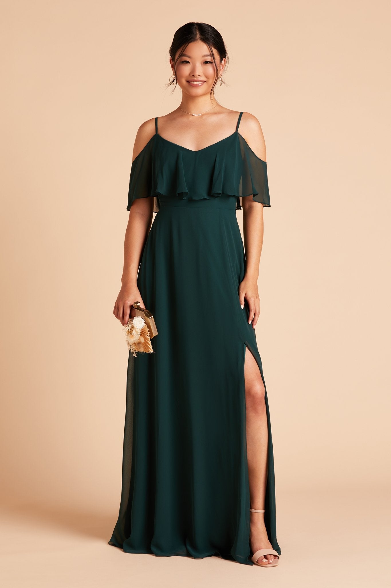 Jane convertible bridesmaid dress with slit in emerald green chiffon by Birdy Grey, front view