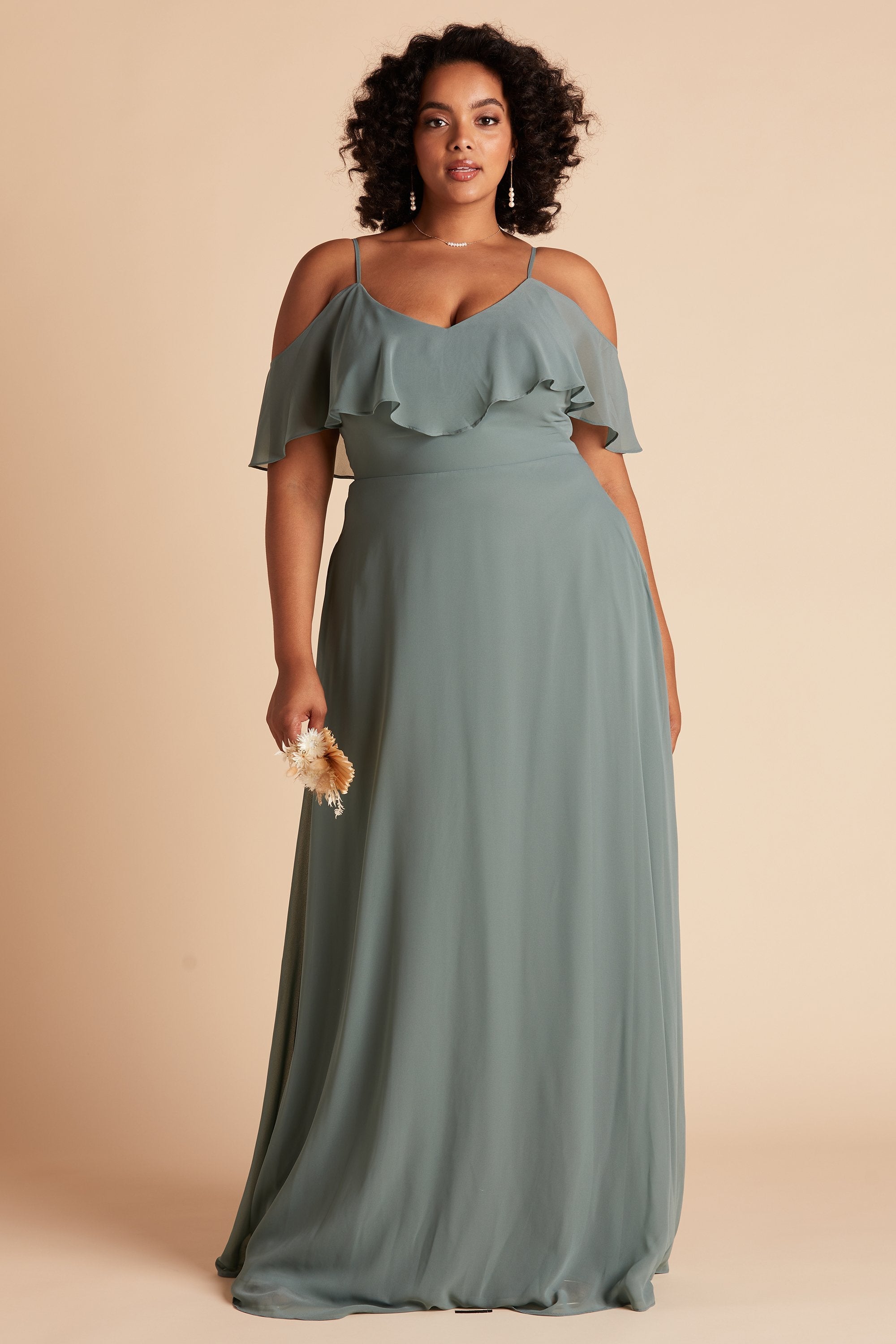 Jane convertible plus size bridesmaid dress in sea glass green chiffon by Birdy Grey, front view