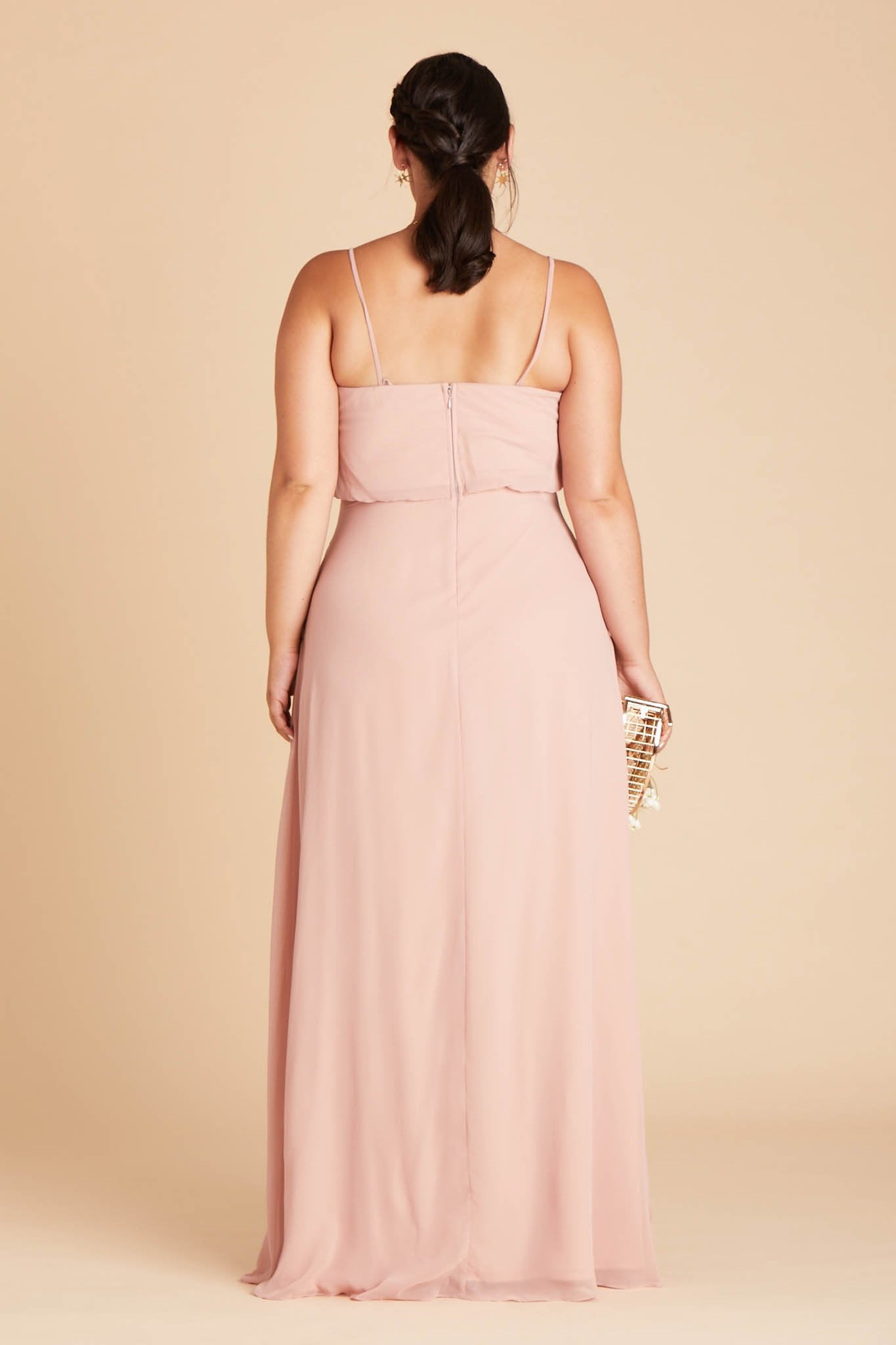 Gwennie plus size bridesmaid dress in dusty rose chiffon by Birdy Grey, back view