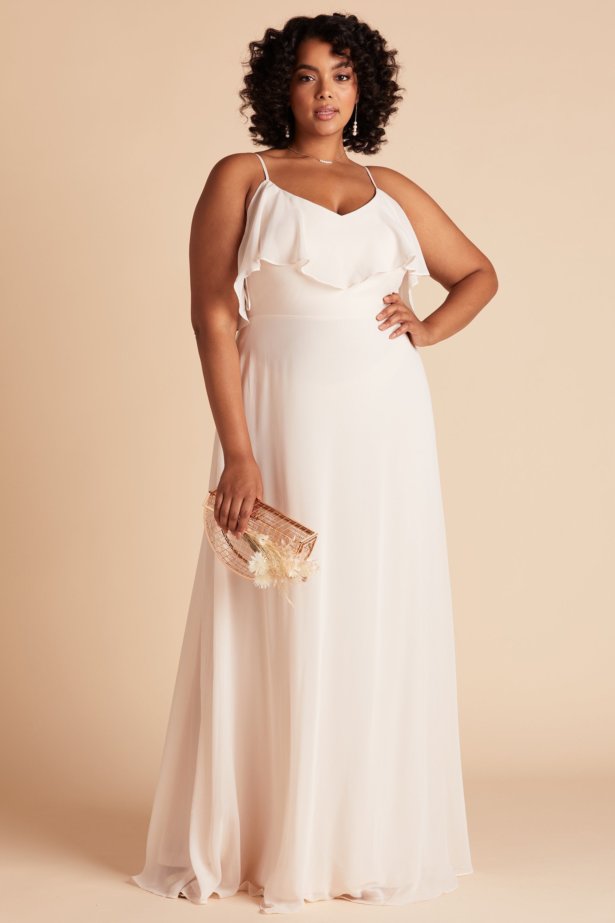 Jane convertible plus size bridesmaid dress in champagne chiffon by Birdy Grey, front view