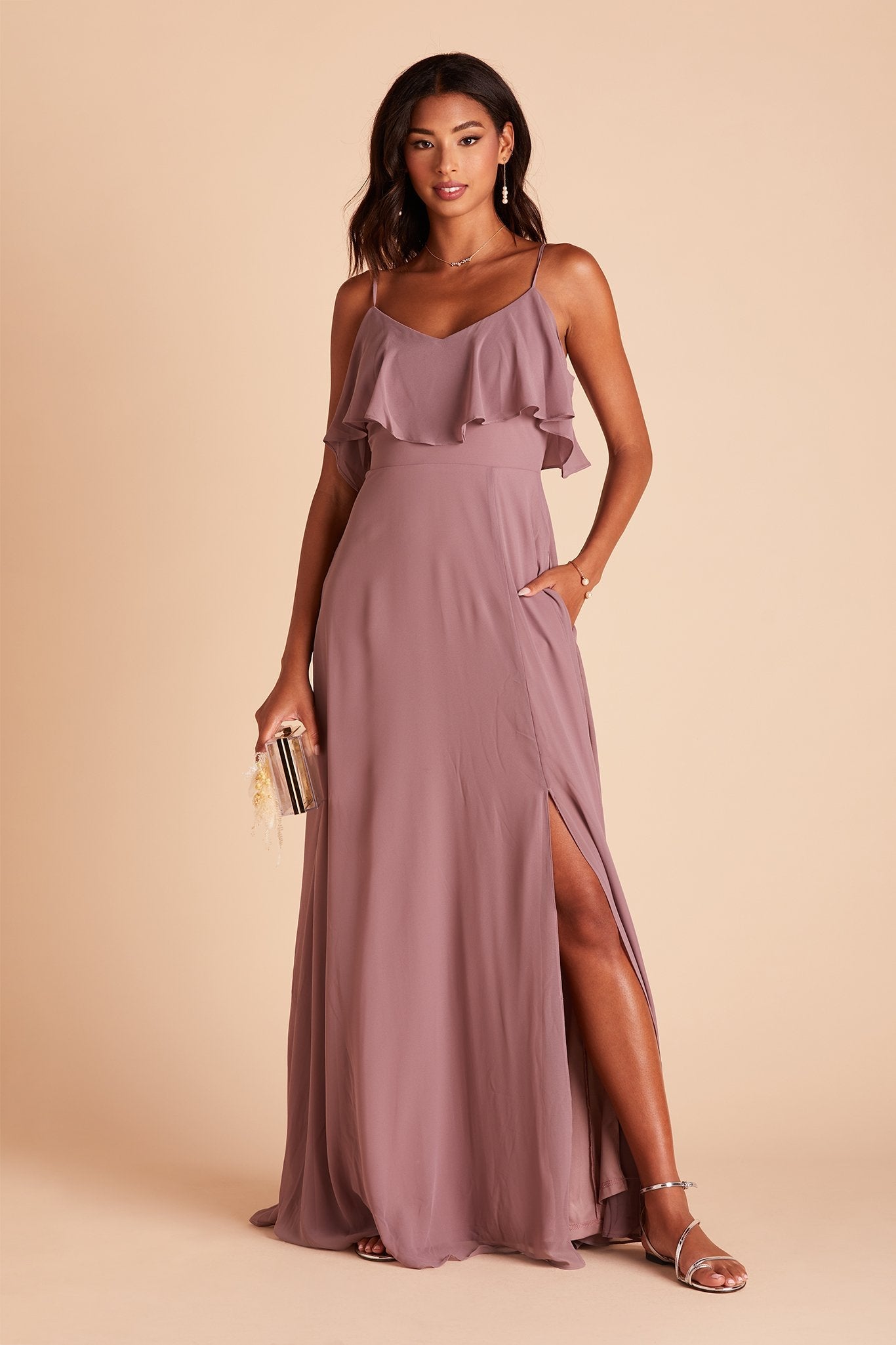 Jane convertible bridesmaid dress with slit in dark mauve chiffon by Birdy Grey, front view with hand in pocket