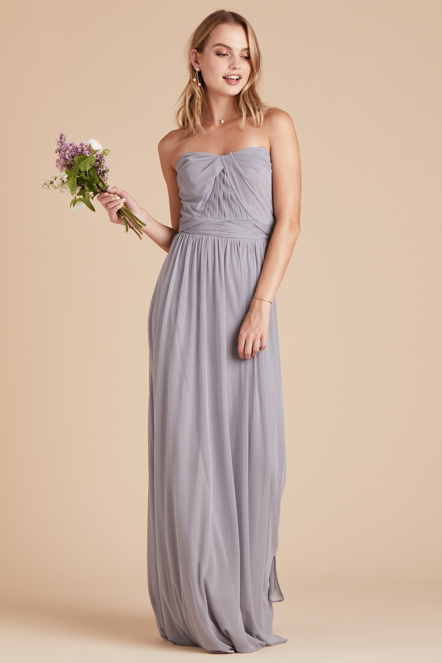 Chicky convertible bridesmaid dress in silver mesh by Birdy Grey, front view