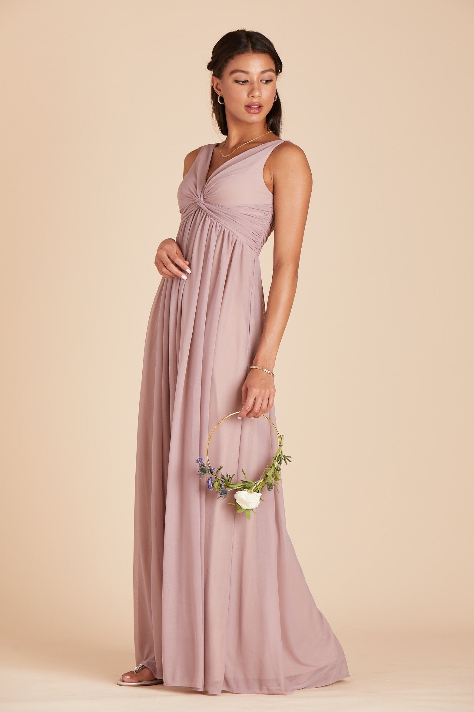 Lianna bridesmaid dress in mauve pink chiffon by Birdy Grey, side view