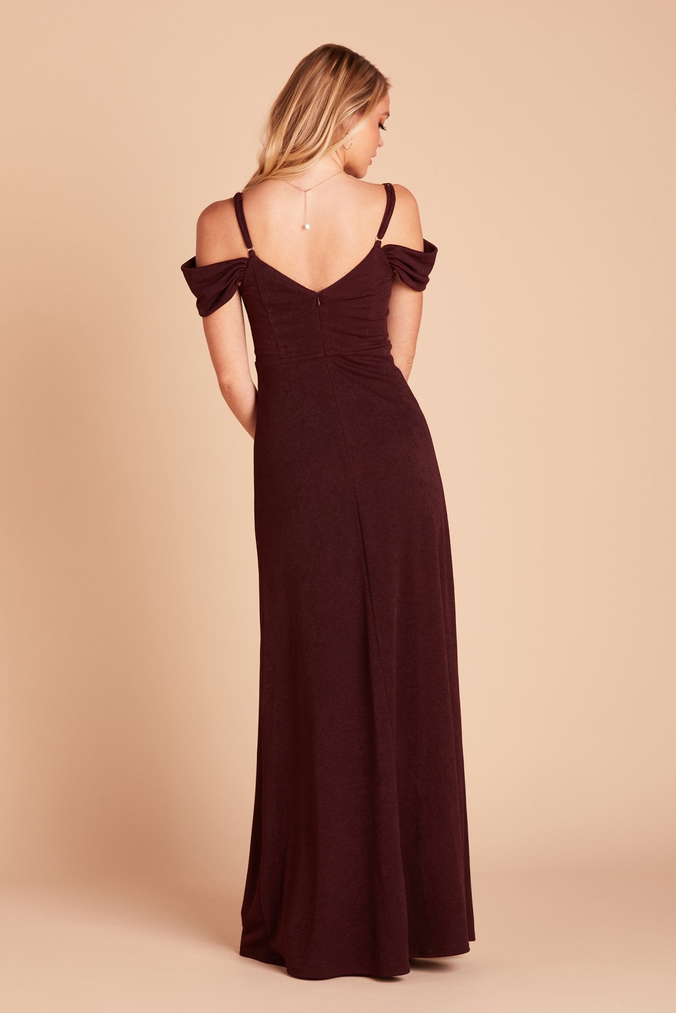 Dev bridesmaid dress with slit in cabernet burgundy crepe by Birdy Grey, back view