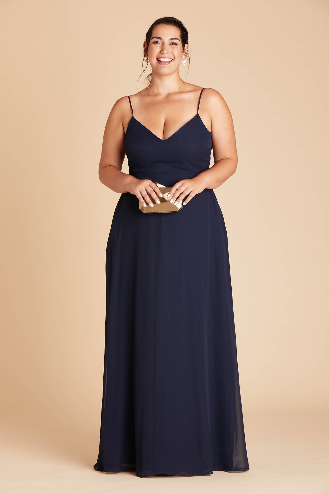 Devin convertible plus size bridesmaids dress in navy blue chiffon by Birdy Grey, front view