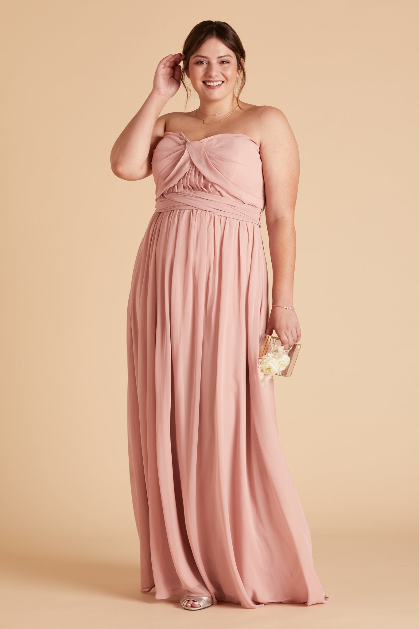 Grace convertible plus size bridesmaid dress in rose quartz pink chiffon by Birdy Grey, front view