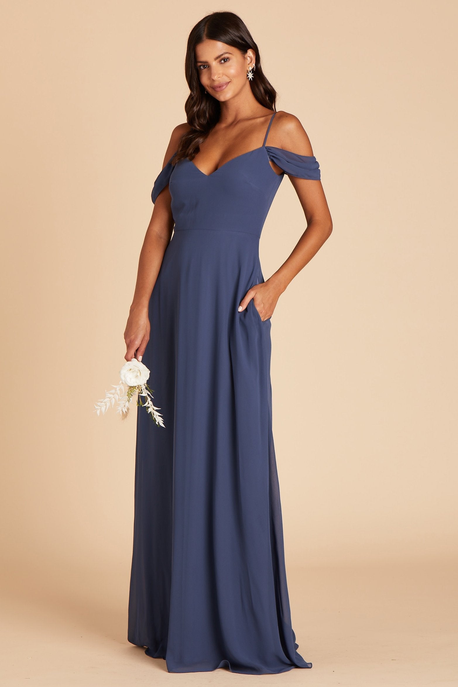 Devin convertible bridesmaids dress in slate blue chiffon by Birdy Grey, side view with hand in pocket