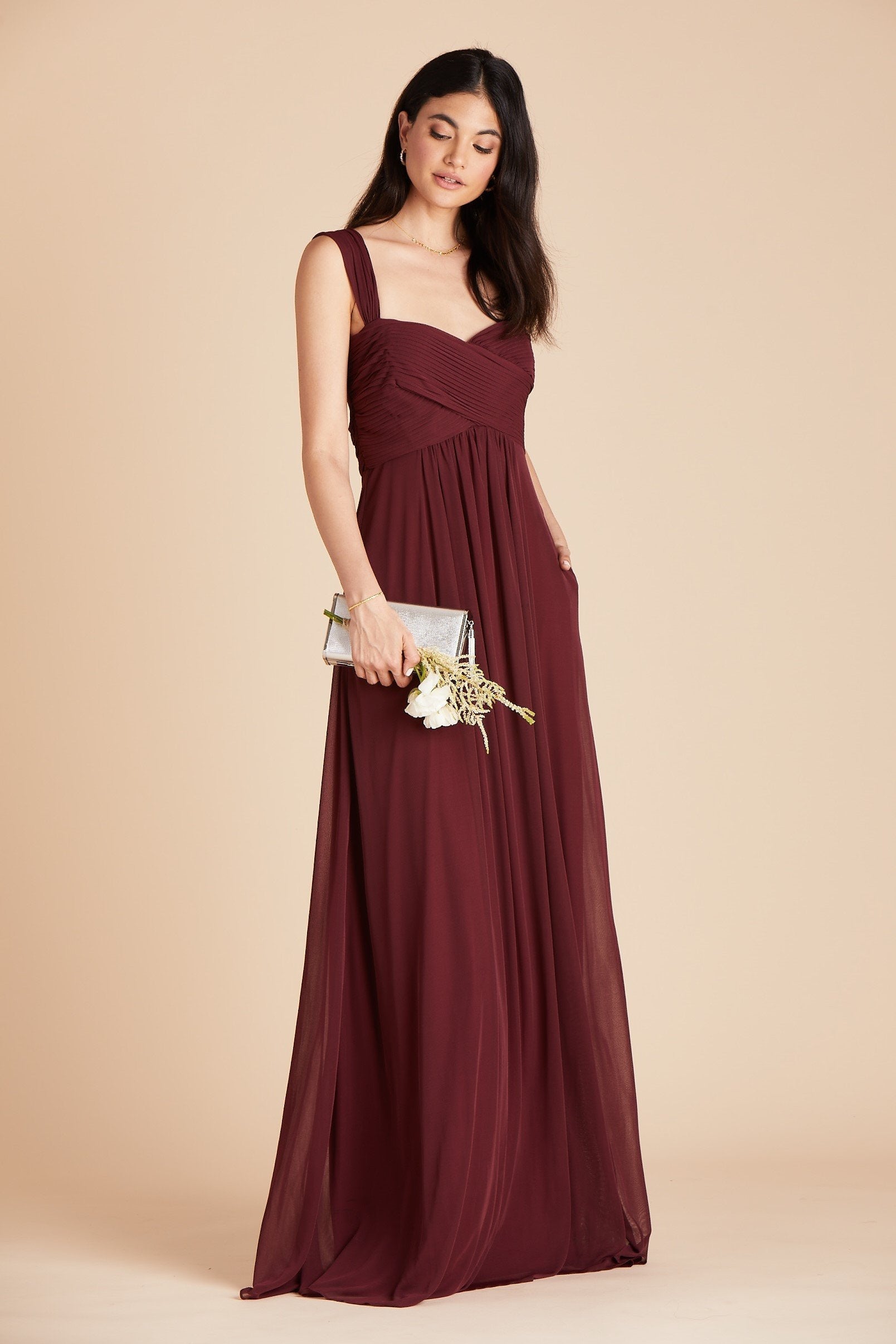 Maria convertible bridesmaids dress in cabernet burgundy chiffon by Birdy Grey, front view with hand in pocket