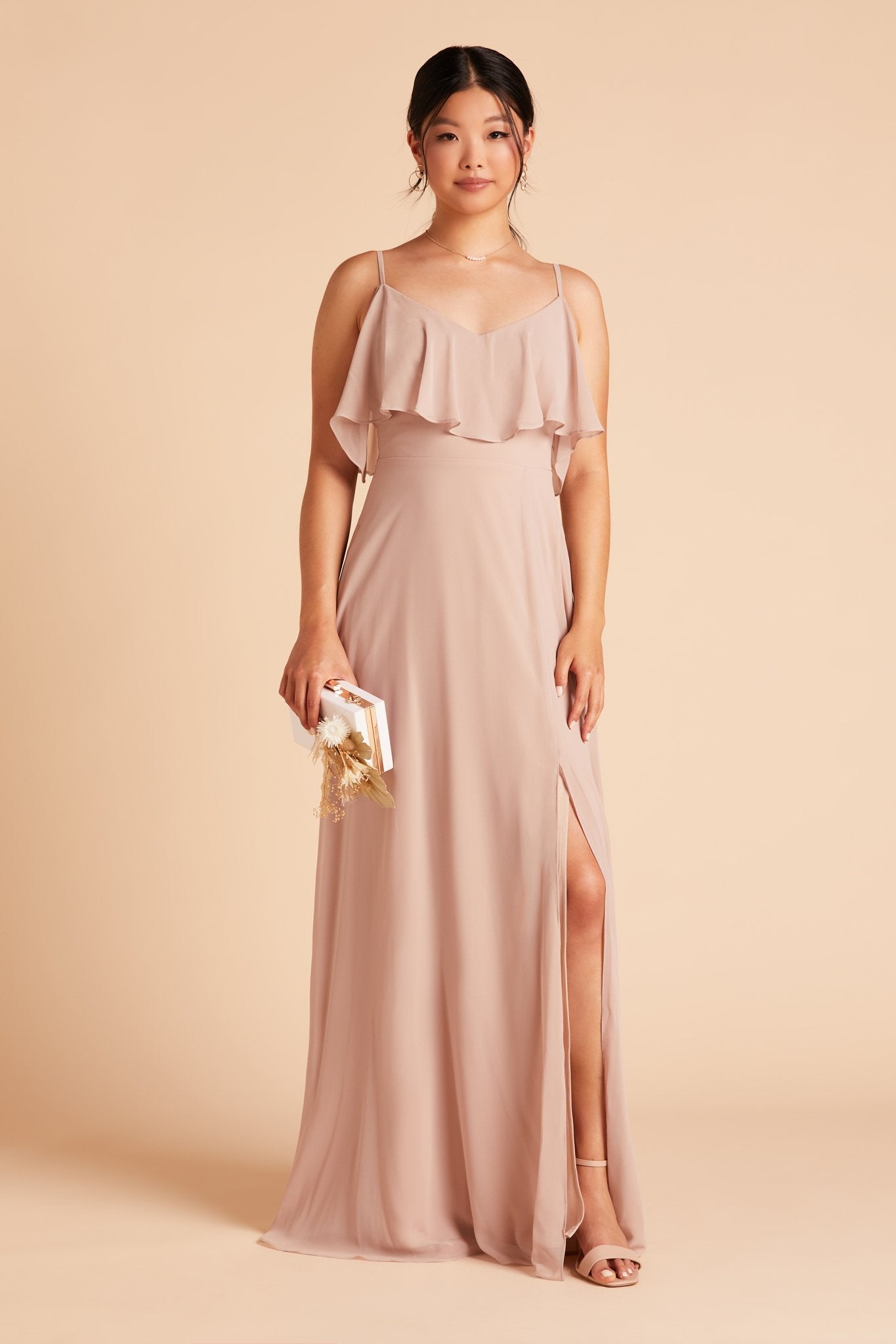 Jane convertible bridesmaid dress with slit in taupe chiffon by Birdy Grey, front view