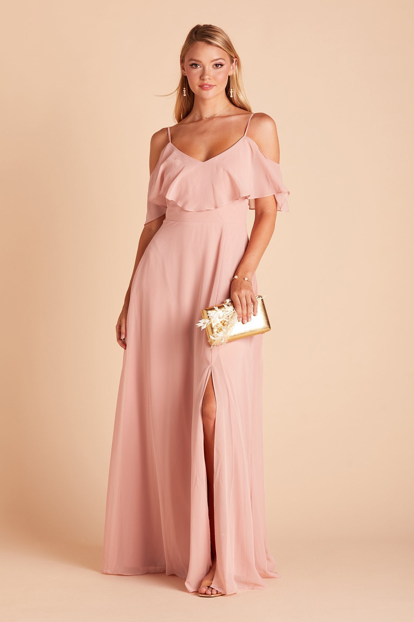 Jane convertible bridesmaid dress with slit in dusty rose chiffon by Birdy Grey, front view