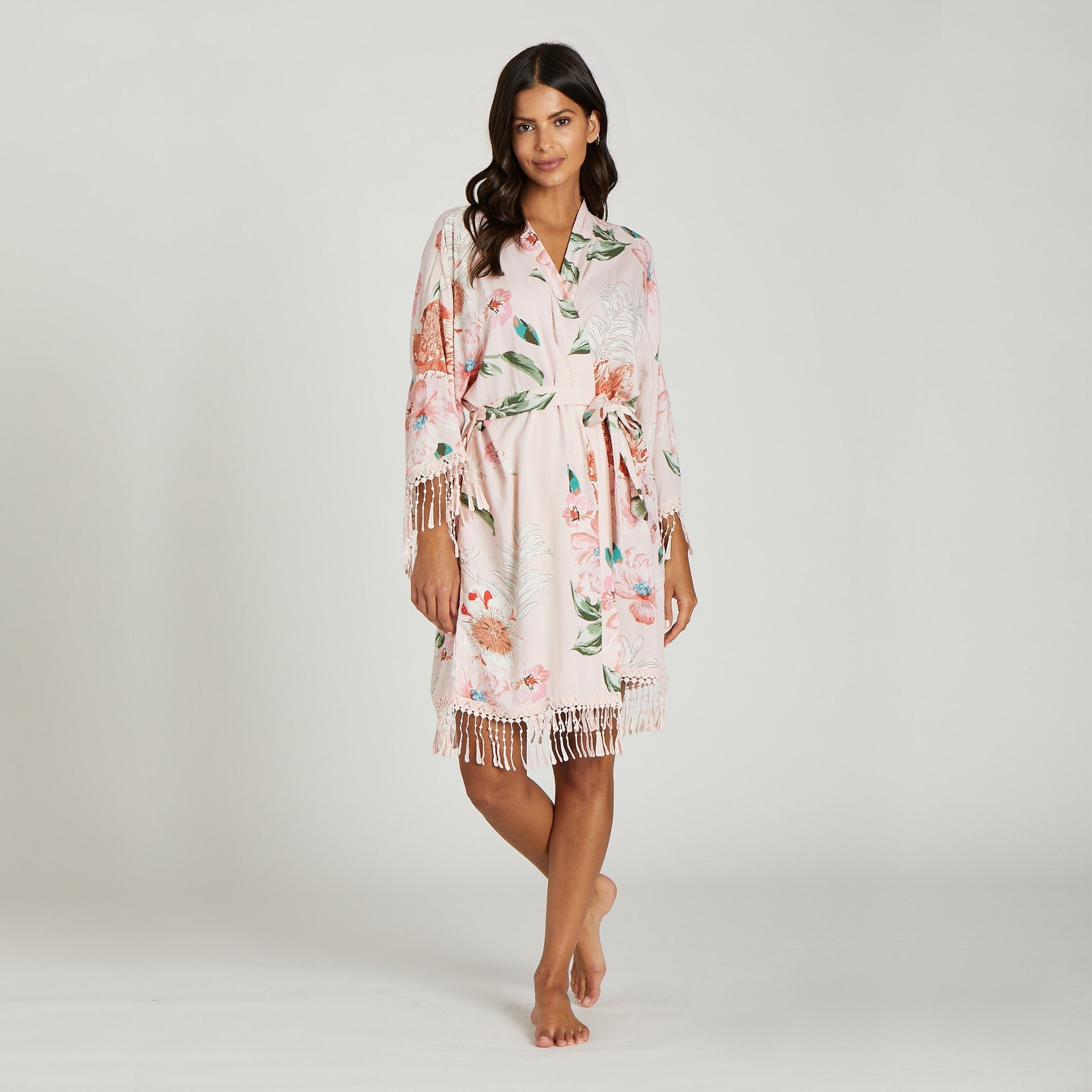 Floral Tassel Robe in blush pink by Birdy Grey, front view