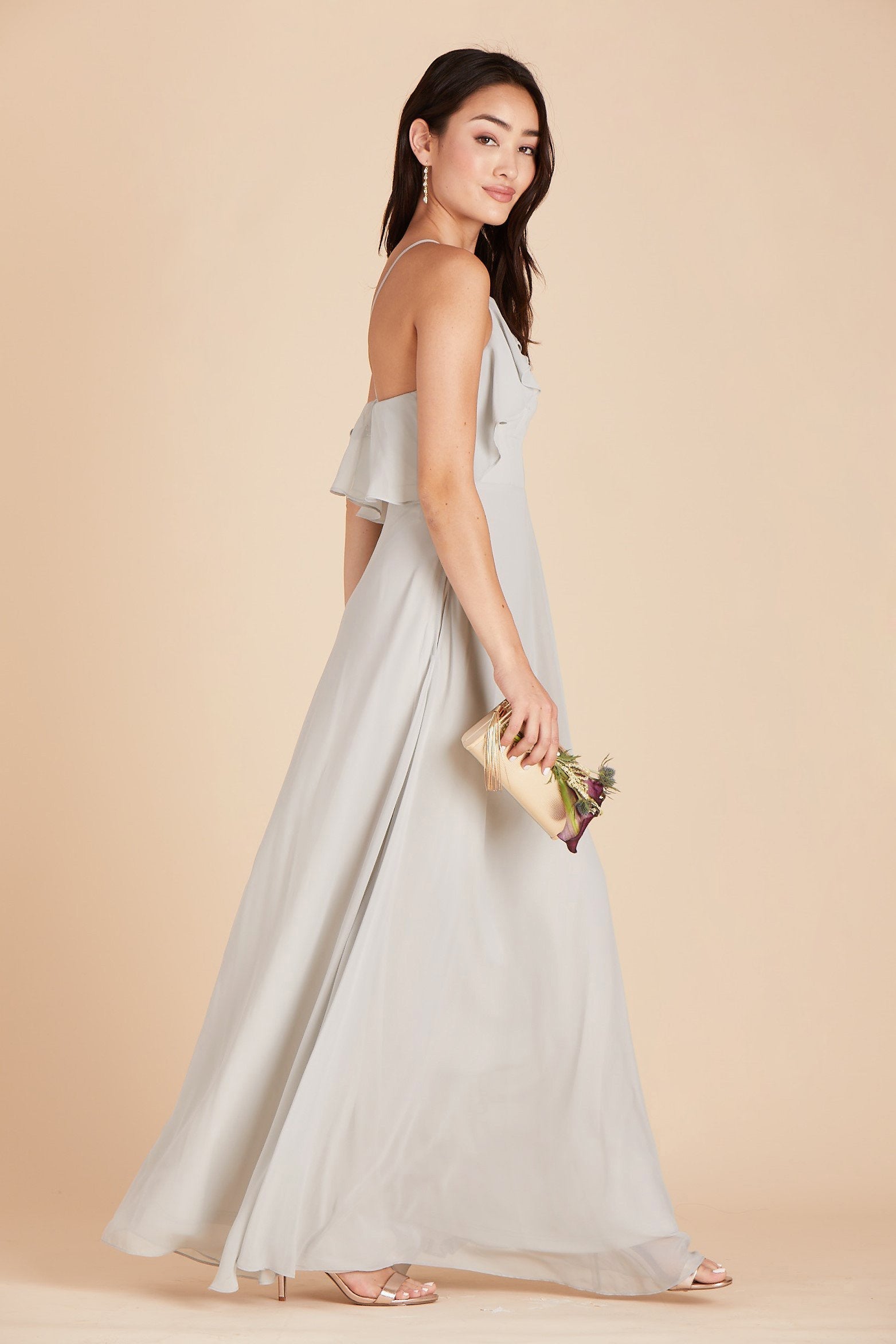 Jules bridesmaid dress in dove gray chiffon by Birdy Grey, side view