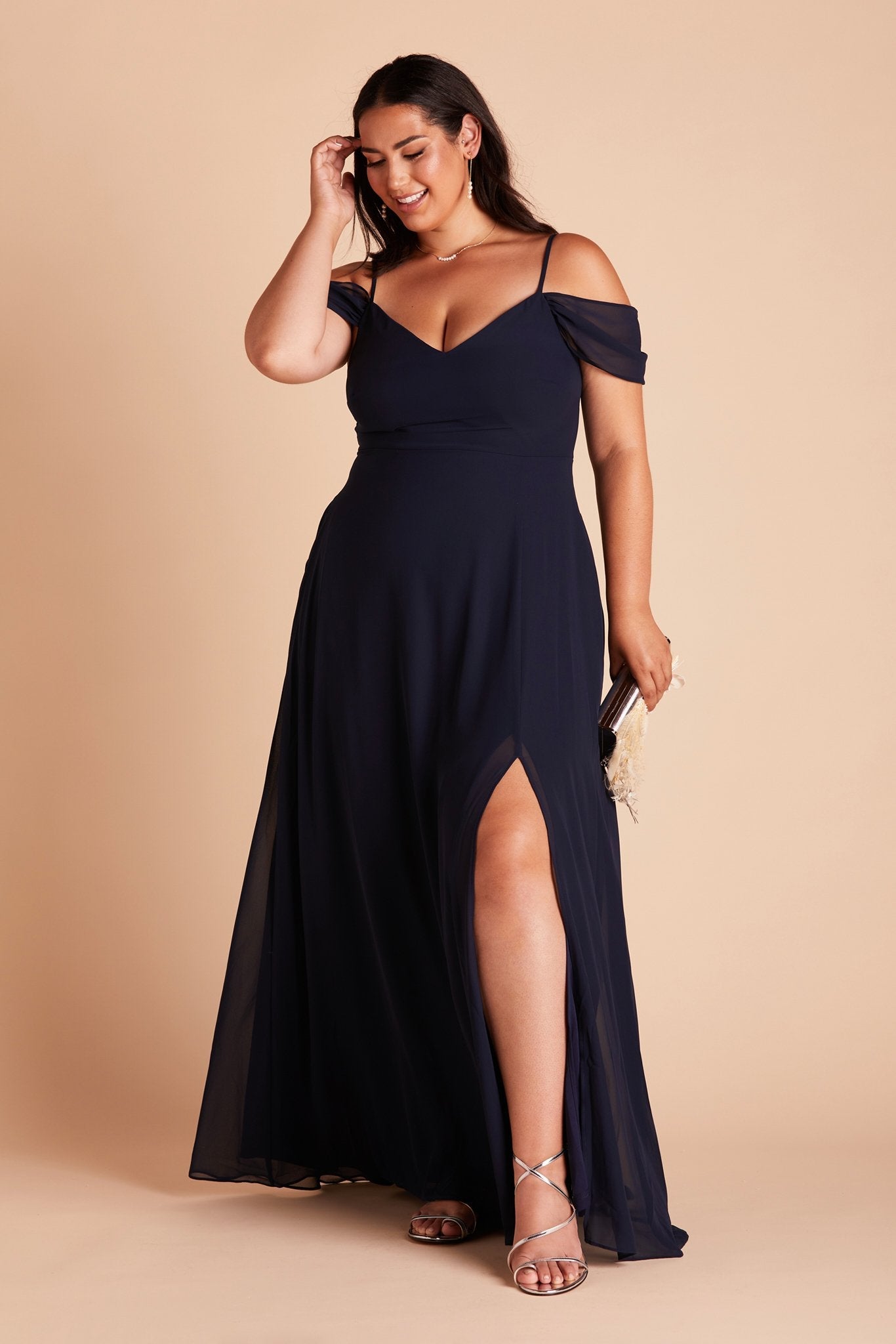 Devin convertible plus size bridesmaids dress with slit in navy blue chiffon by Birdy Grey, front view