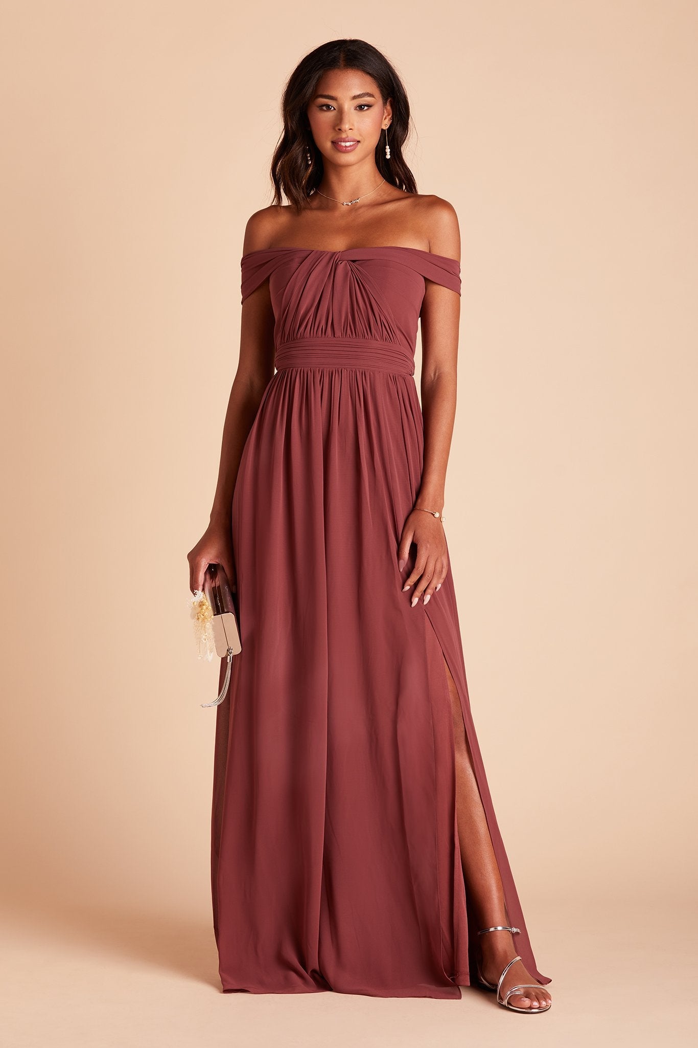 Grace convertible bridesmaid dress with slit in rosewood chiffon by Birdy Grey, front view