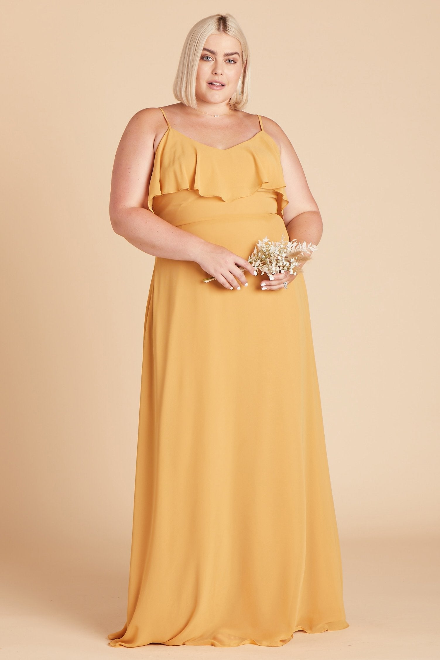 Jane convertible plus size bridesmaid dress in marigold chiffon by Birdy Grey, front view