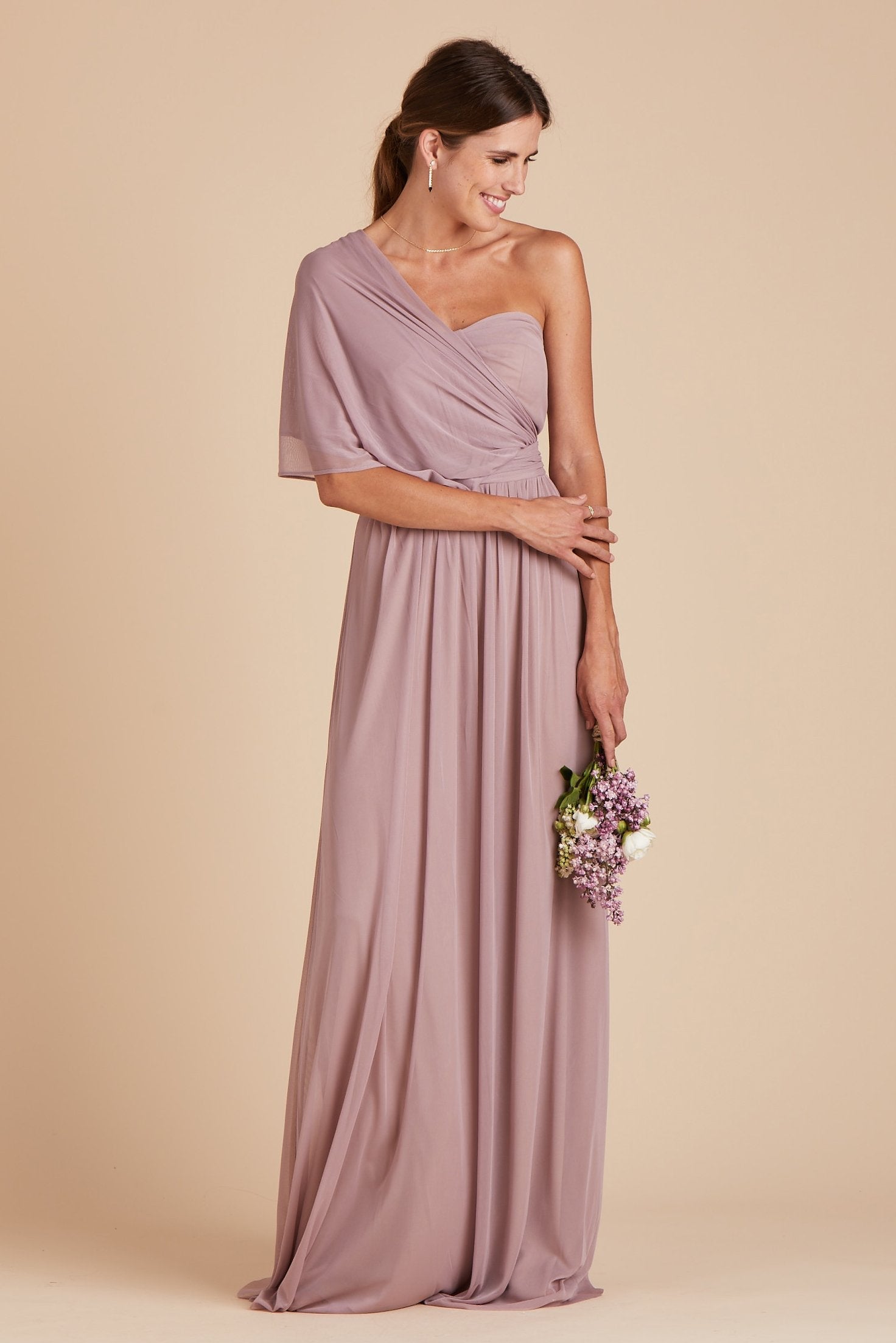 Chicky convertible bridesmaid dress in mauve purple mesh by Birdy Grey, front view