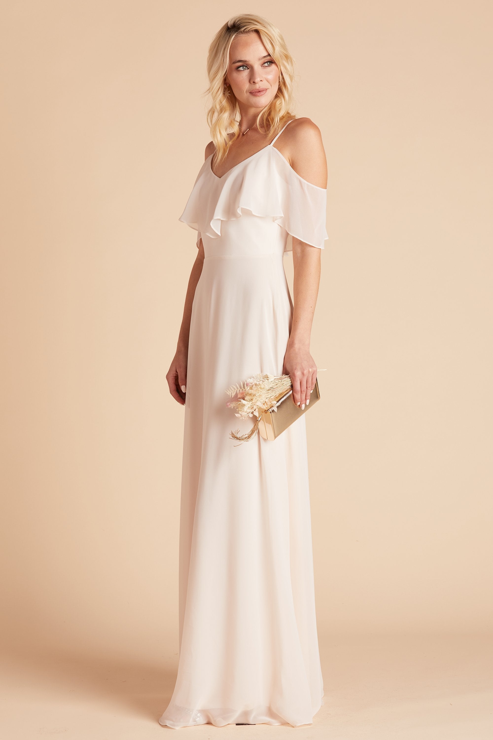 Jane convertible bridesmaid dress in champagn chiffon by Birdy Grey, front view