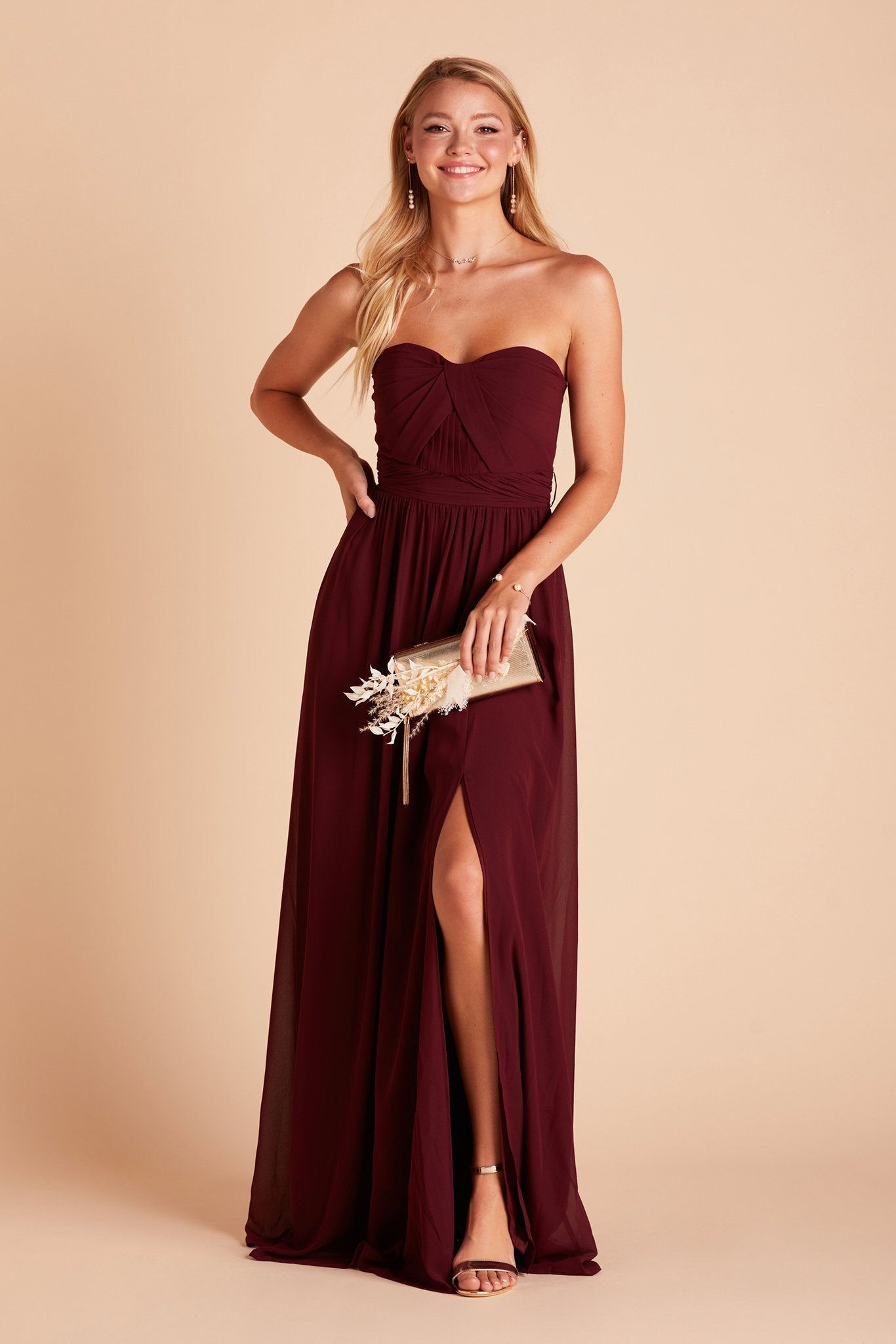 Grace convertible bridesmaid dress with slit in cabernet burgundy chiffon by Birdy Grey, front view