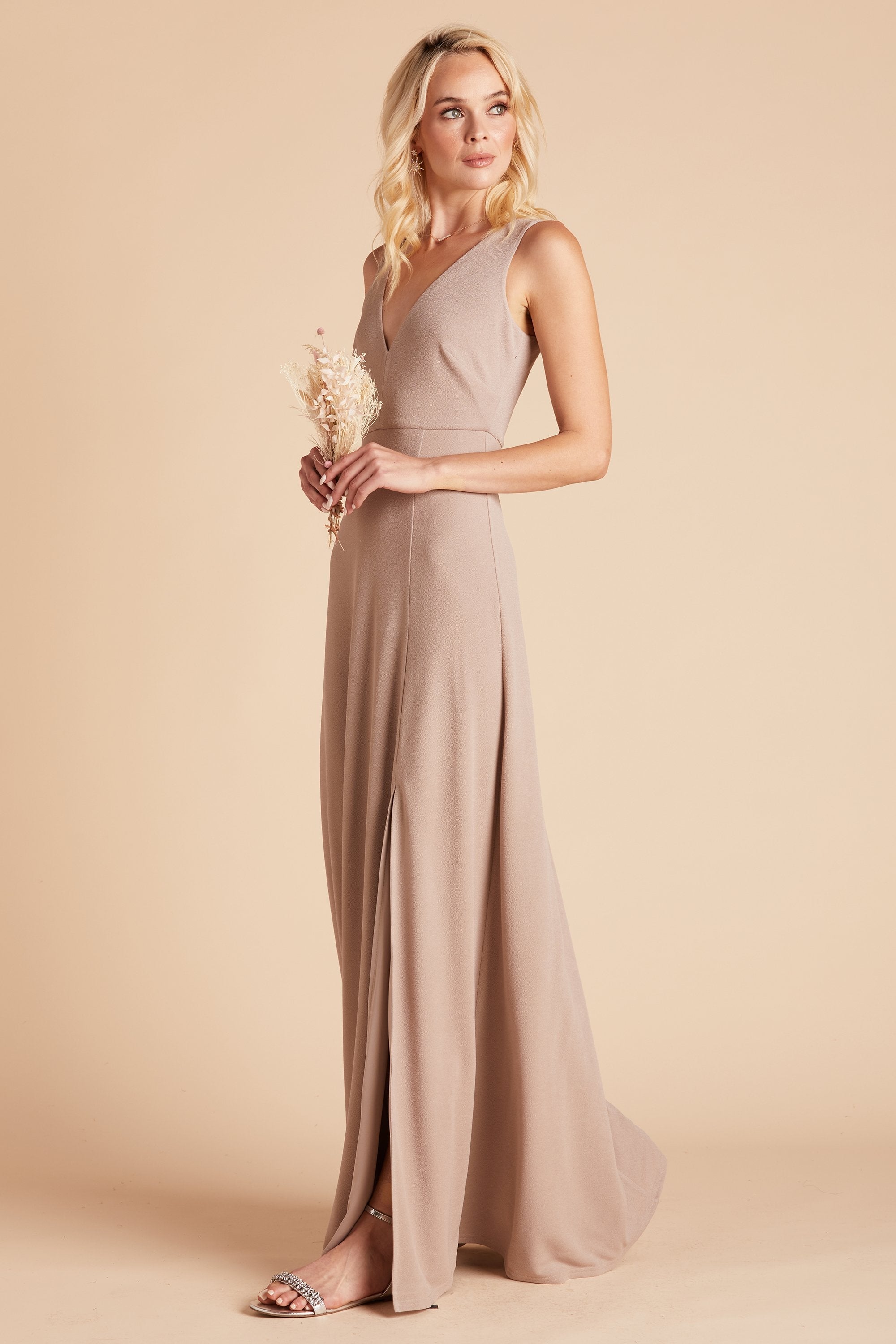 Shamin bridesmaid dress with slit in taupe crepe by Birdy Grey, side view