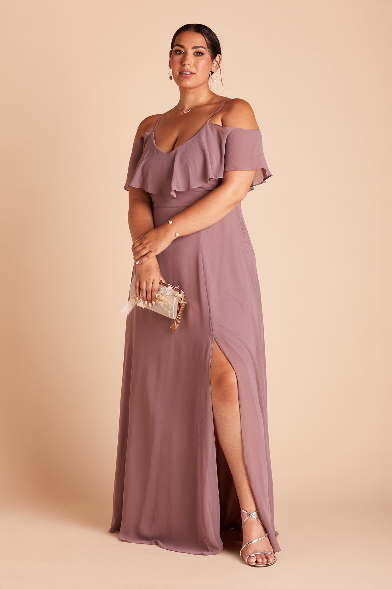 Jane convertible plus size bridesmaid dress with slit in dark mauve chiffon by Birdy Grey, front view