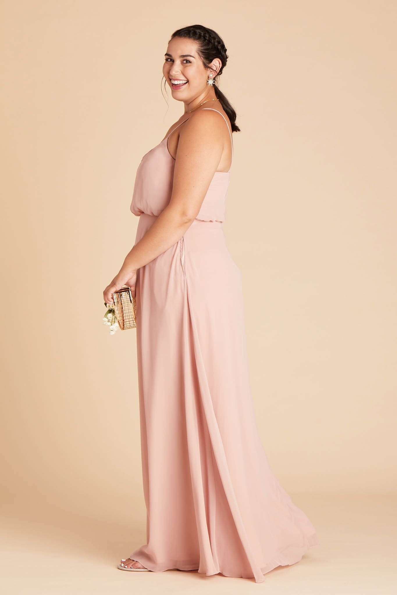 Gwennie plus size bridesmaid dress in dusty rose chiffon by Birdy Grey, side view