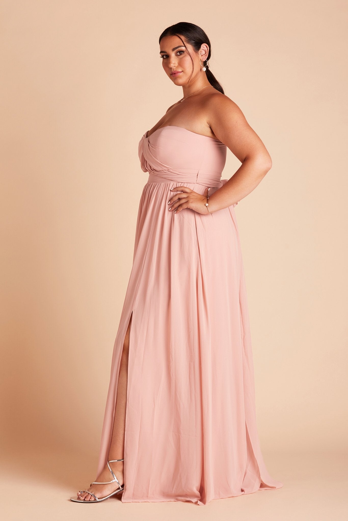 Grace convertible plus size bridesmaid dress in rose quartz pink chiffon by Birdy Grey, side view