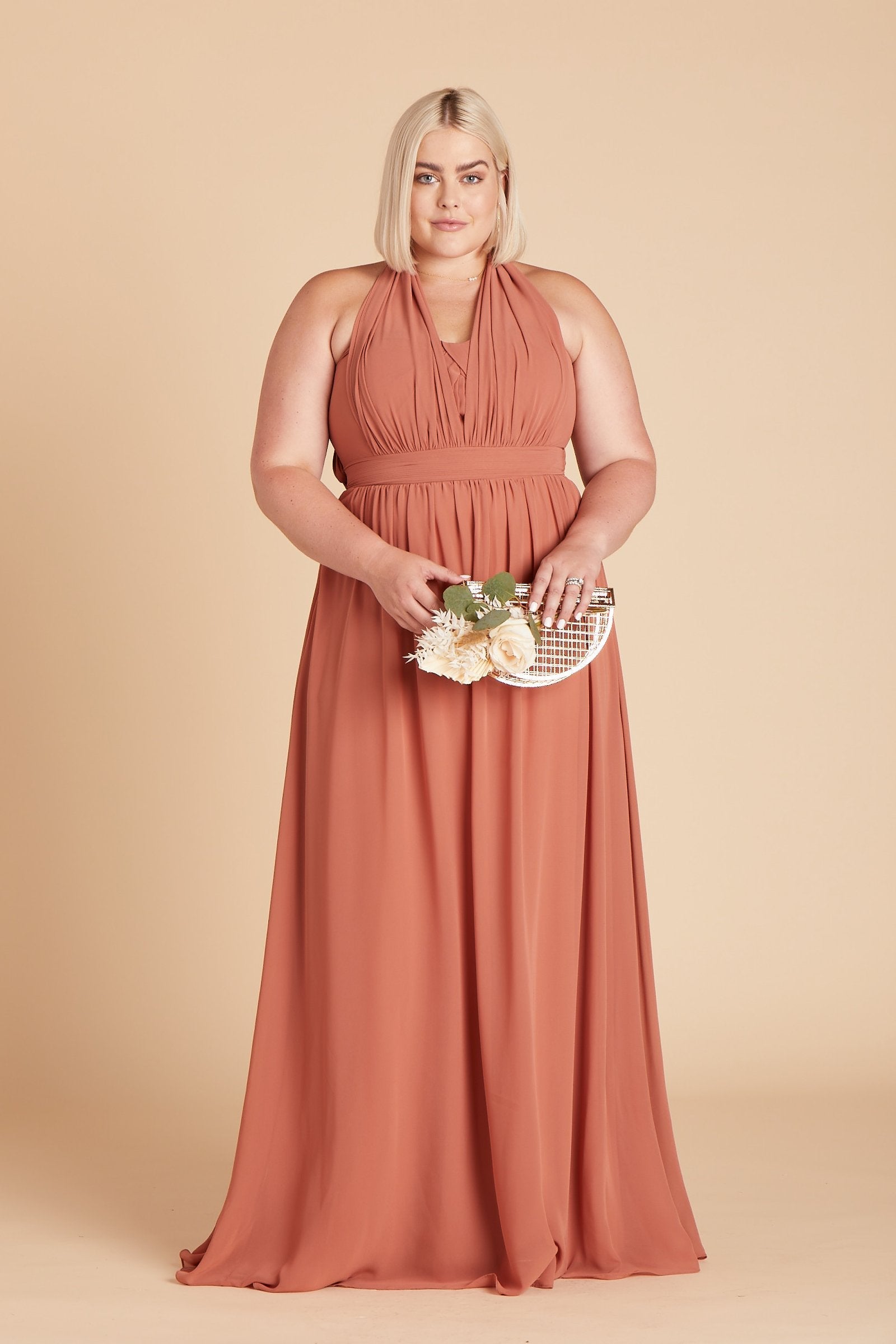 Grace convertible plus size bridesmaid dress in terracotta orange chiffon by Birdy Grey, front view