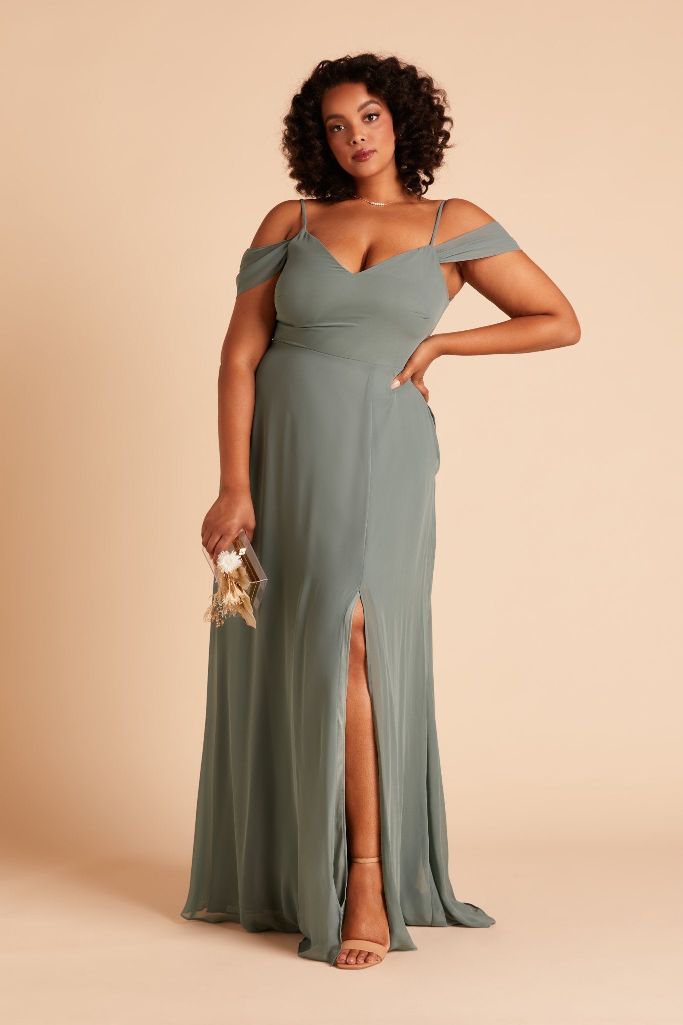 Devin convertible plus size bridesmaids dress with slit in sea glass green chiffon by Birdy Grey, front view