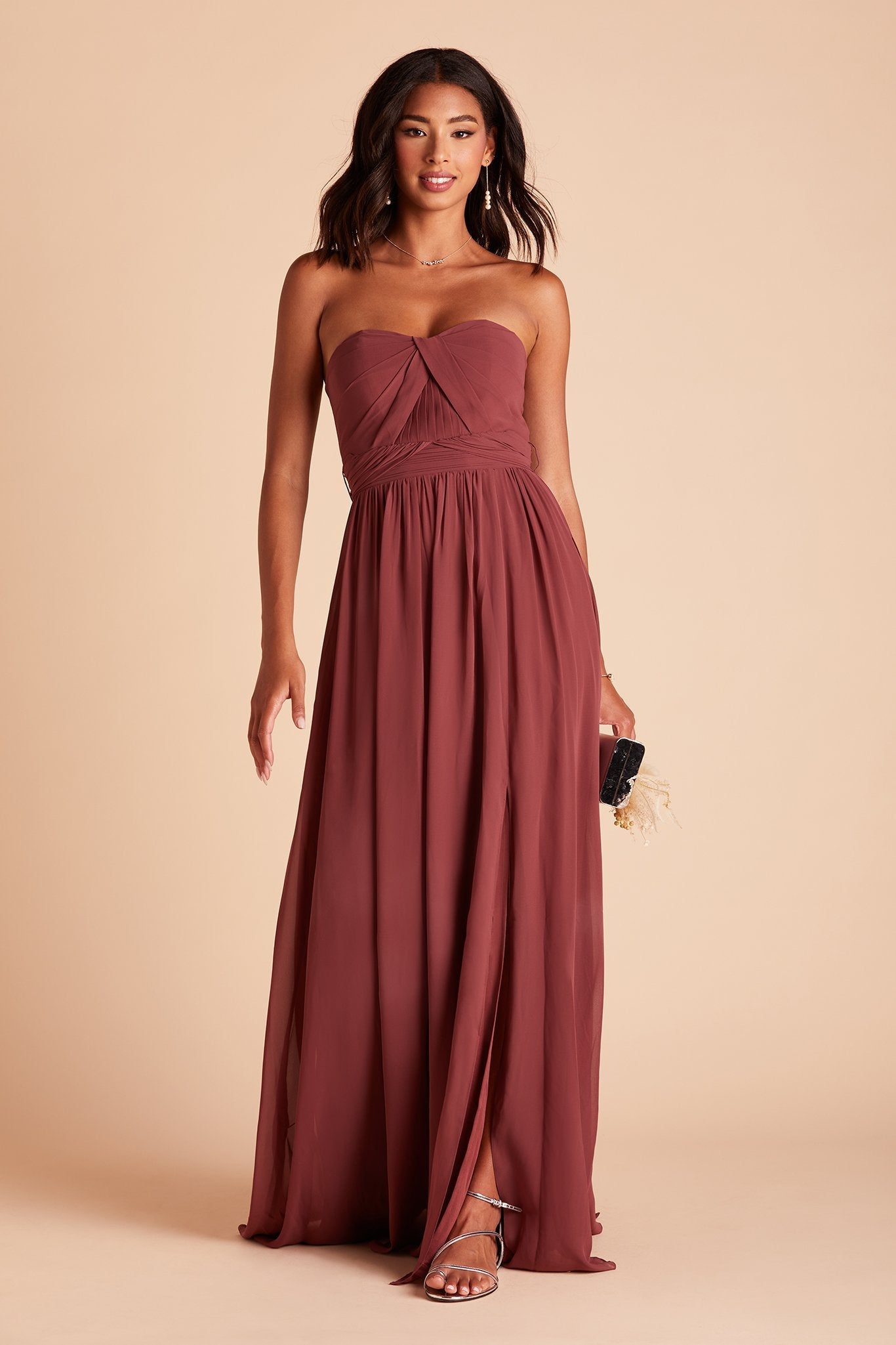 Grace convertible bridesmaid dress with slit in rosewood chiffon by Birdy Grey, front view