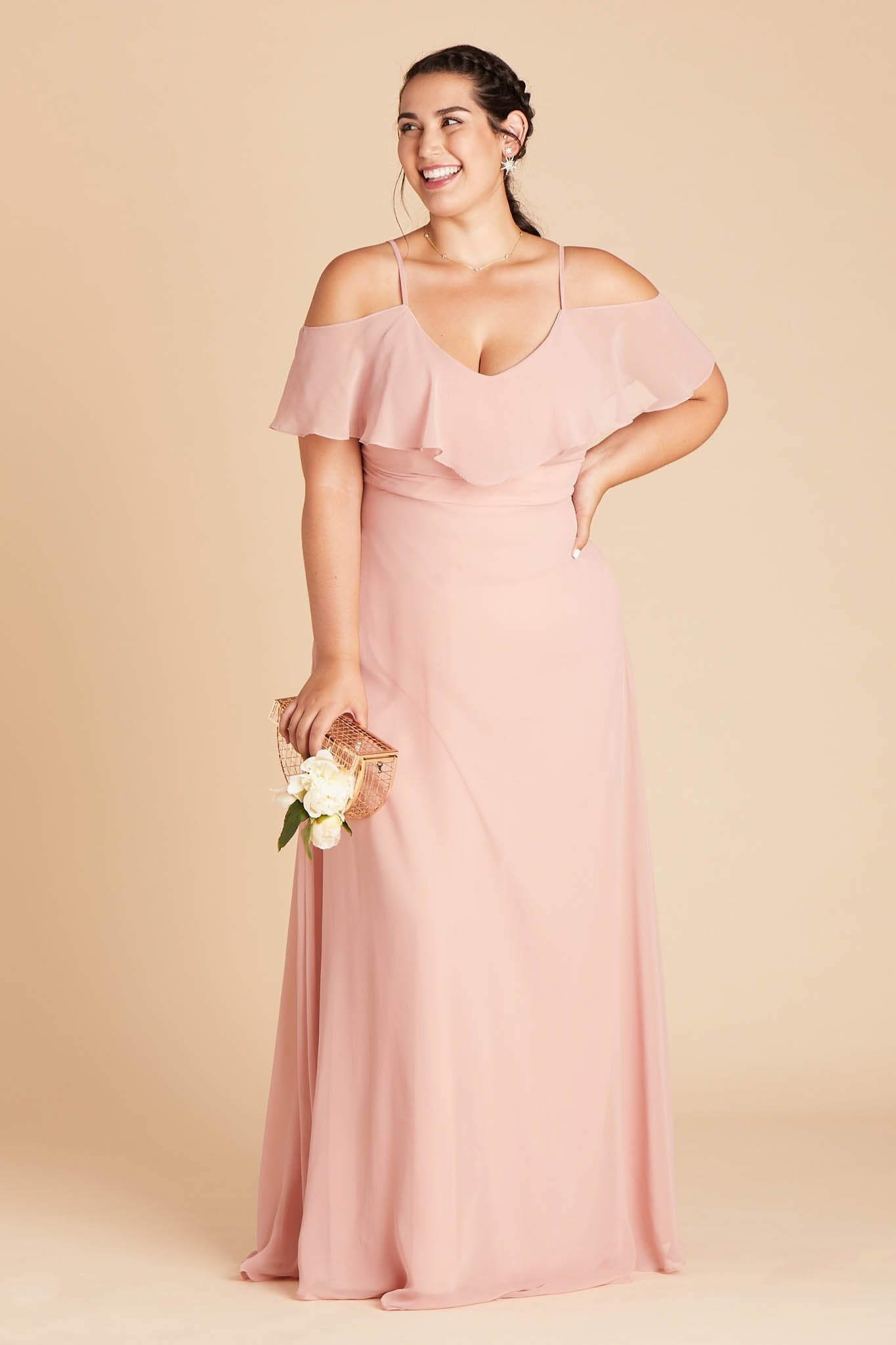 Jane convertible plus size bridesmaid dress in dusty rose chiffon by Birdy Grey, front view