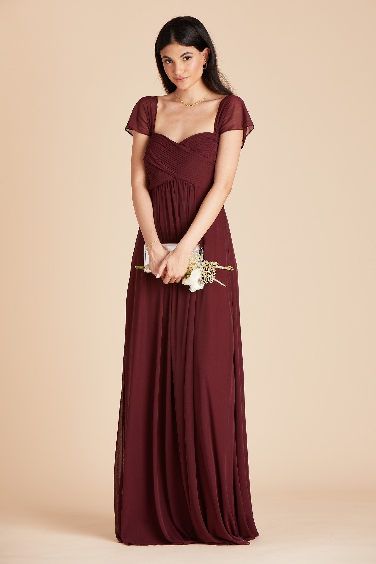 Maria convertible bridesmaids dress in cabernet burgundy chiffon by Birdy Grey, front view