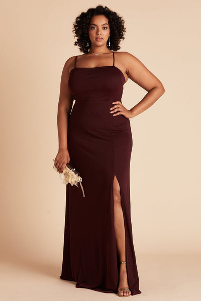 Benny plus size bridesmaid dress with slit in cabernet burgundy crepe by Birdy Grey, front view