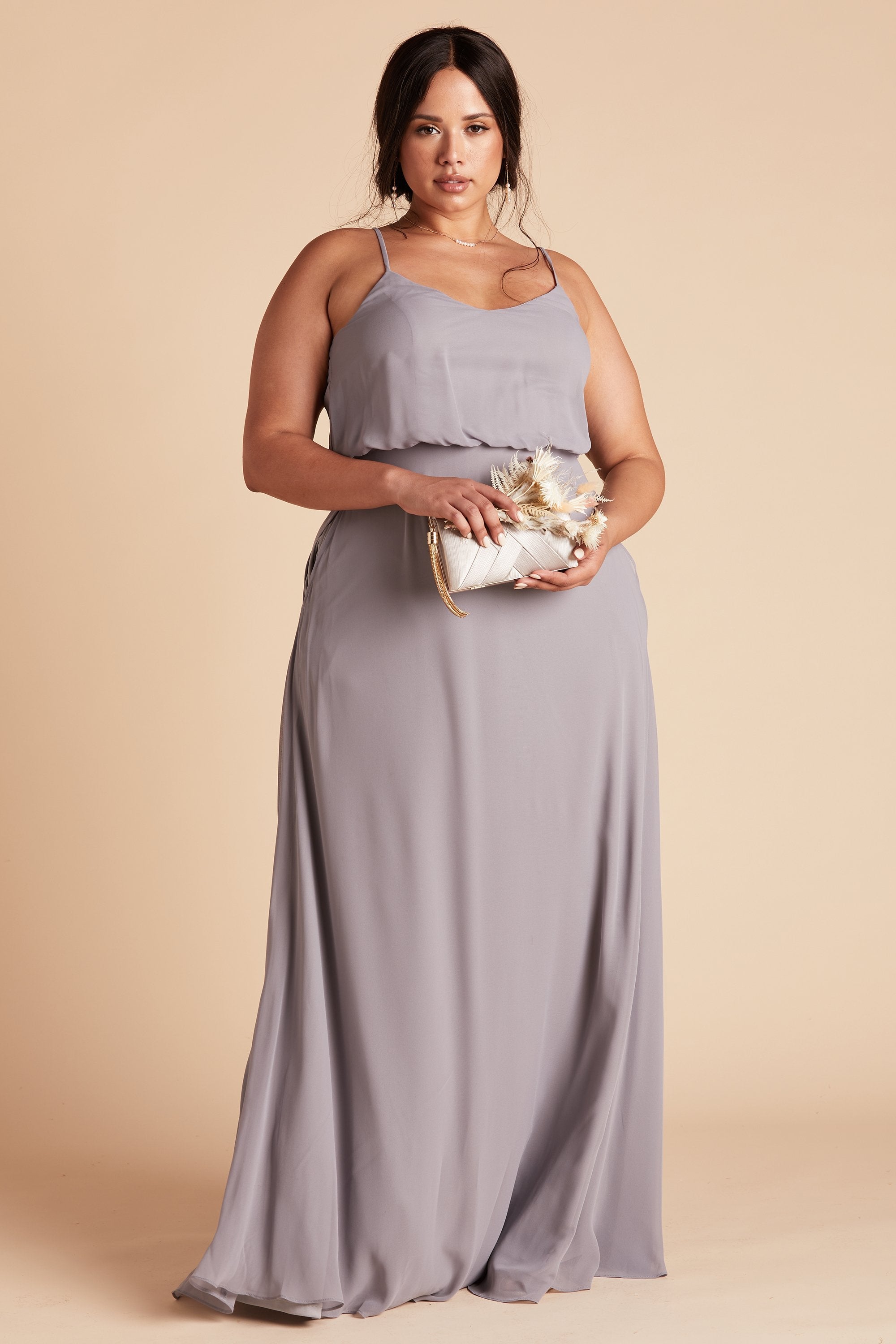 Gwennie plus size bridesmaid dress in silver chiffon by Birdy Grey, front view